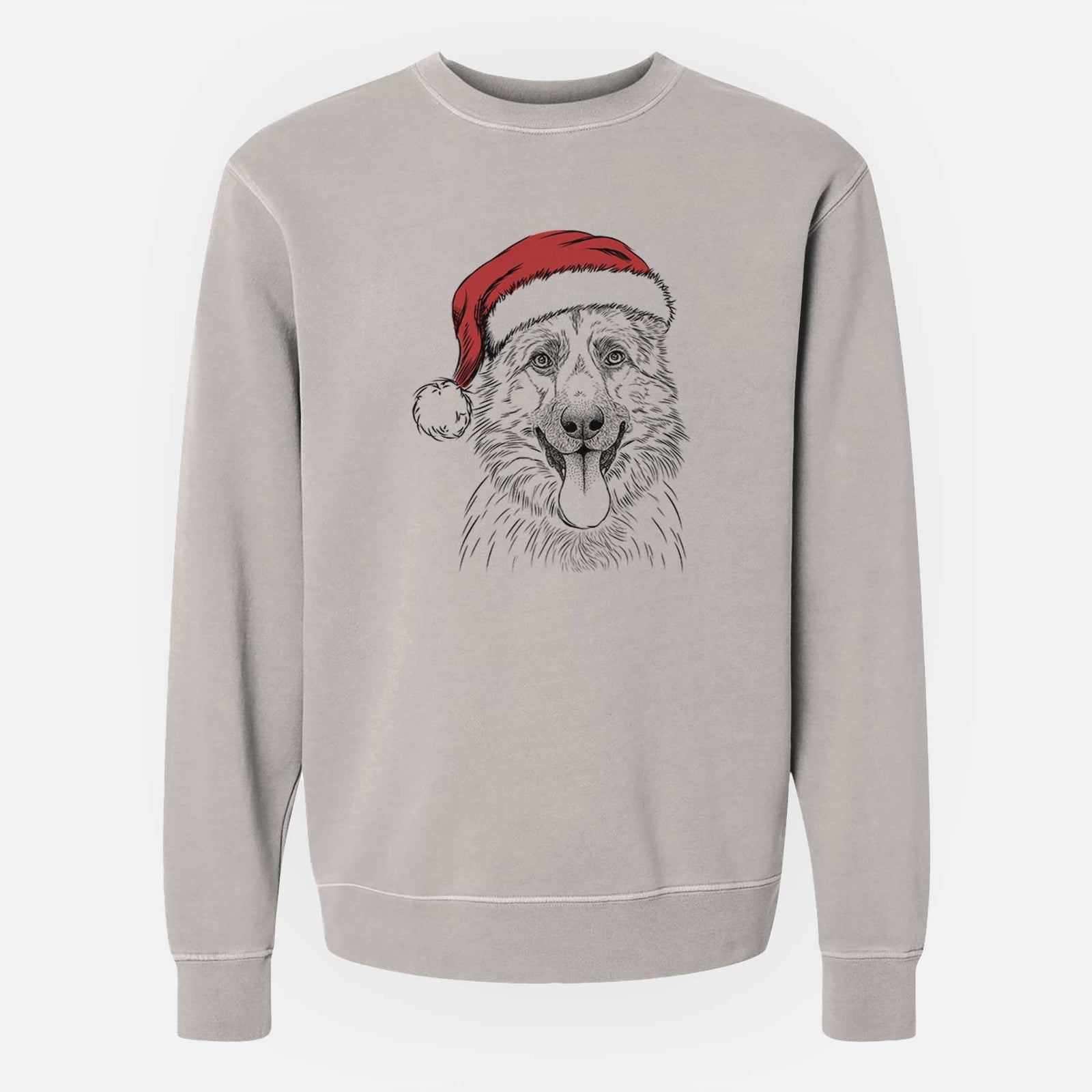 Hand-drawn sketch of Grace the German Shepherd wearing a Santa hat on a Cement Unisex pigment dyed crew sweatshirt