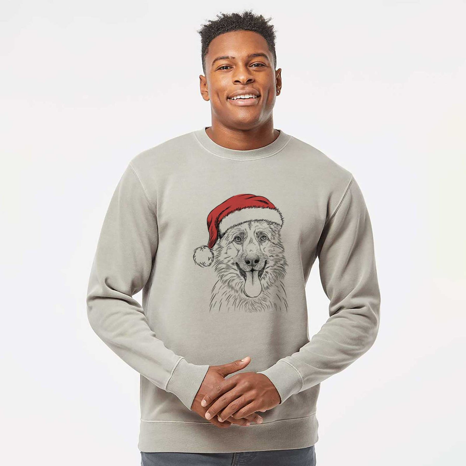 Hand-drawn sketch of Grace the German Shepherd wearing a Santa hat on a Cement Unisex pigment dyed crew sweatshirt