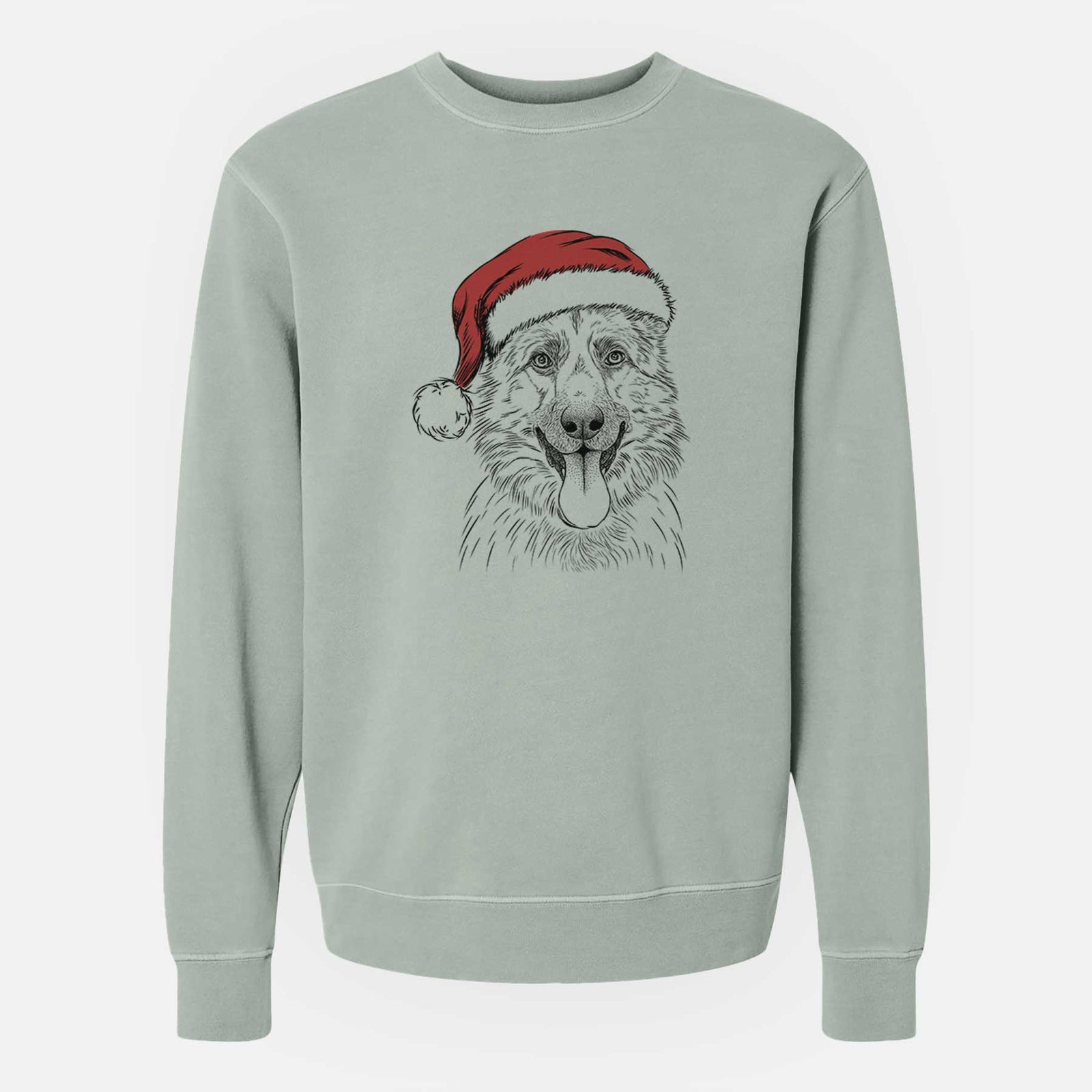Hand-drawn sketch of Grace the German Shepherd wearing a Santa hat on a Sage Unisex pigment dyed crew sweatshirt