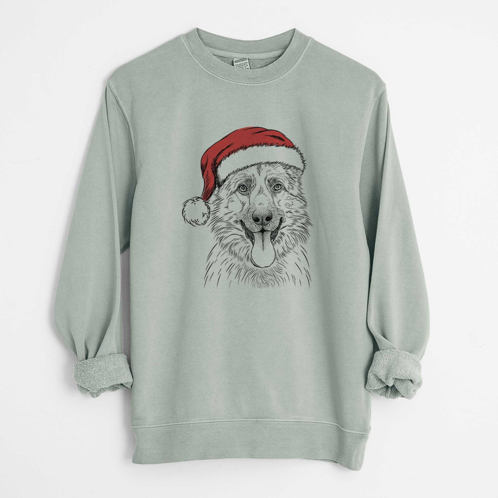 Hand-drawn sketch of Grace the German Shepherd wearing a Santa hat on a Sage Unisex pigment dyed crew sweatshirt