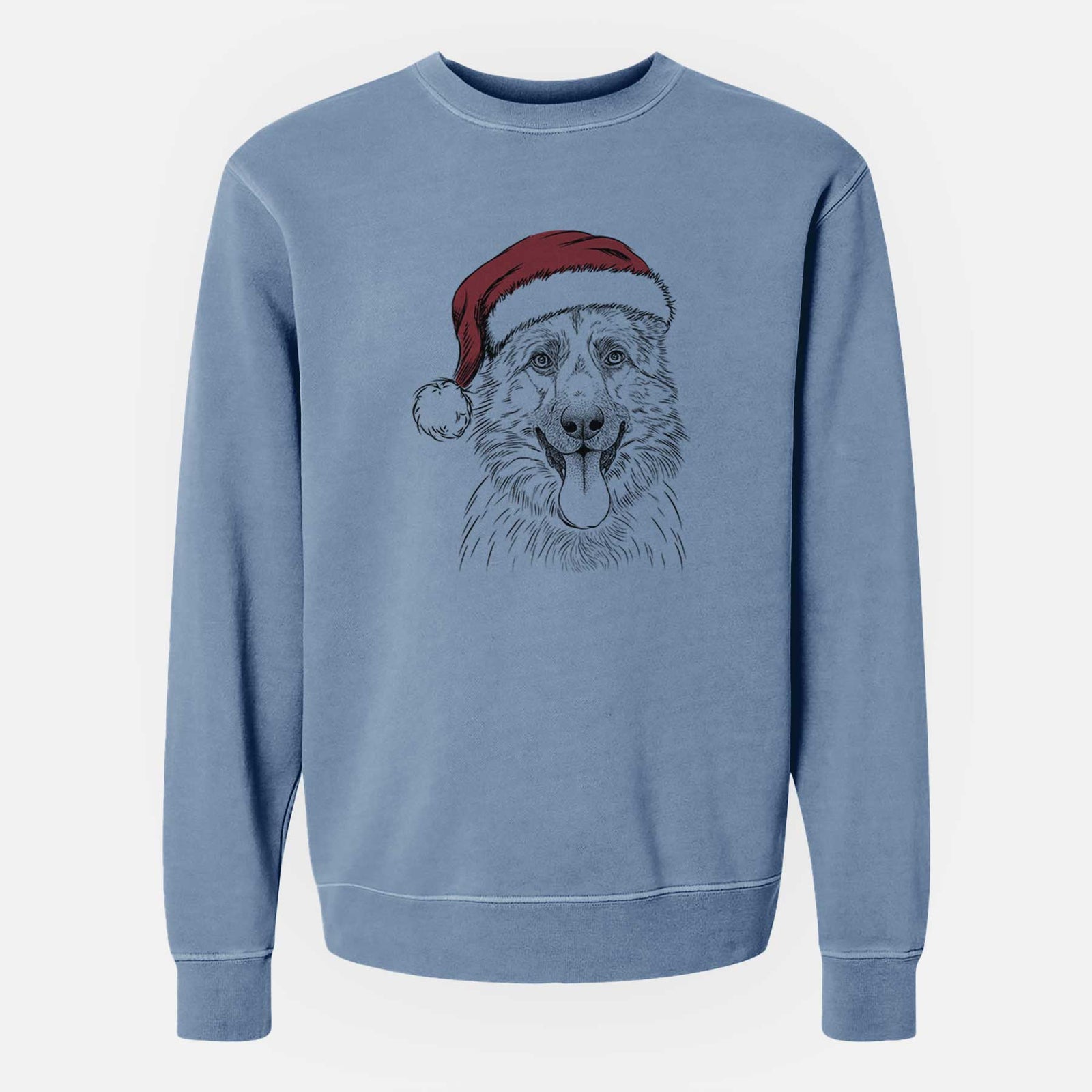 Hand-drawn sketch of Grace the German Shepherd wearing a Santa hat on a Slate Blue Unisex pigment dyed crew sweatshirt