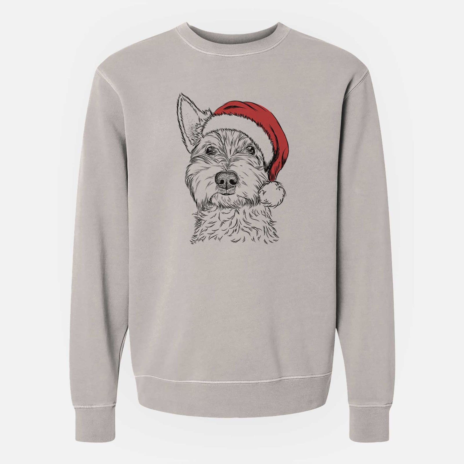 Hand-drawn sketch of Grizel the West Highland Terrier wearing a Santa hat on a Cement Unisex pigment dyed crew sweatshirt