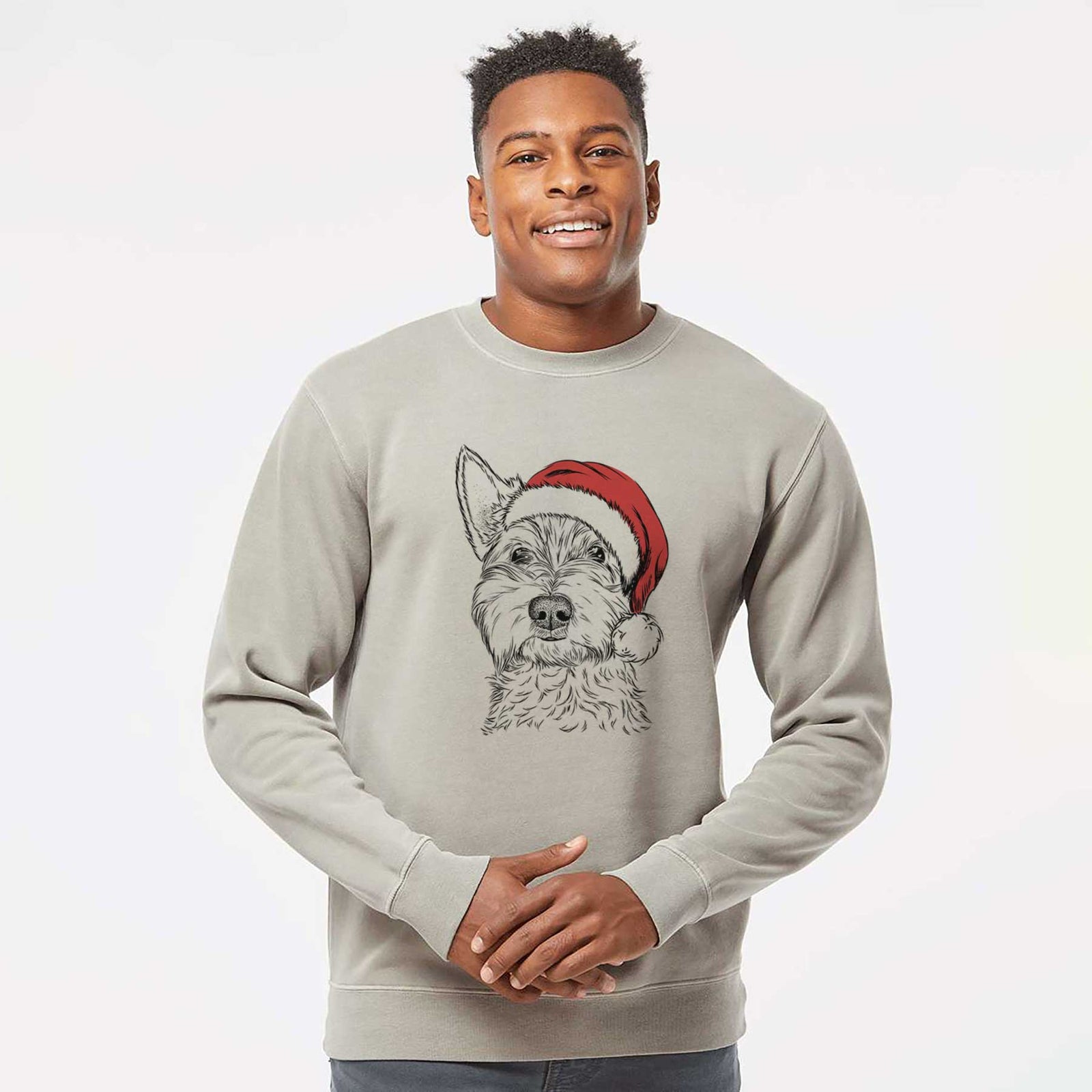 Hand-drawn sketch of Grizel the West Highland Terrier wearing a Santa hat on a Cement Unisex pigment dyed crew sweatshirt