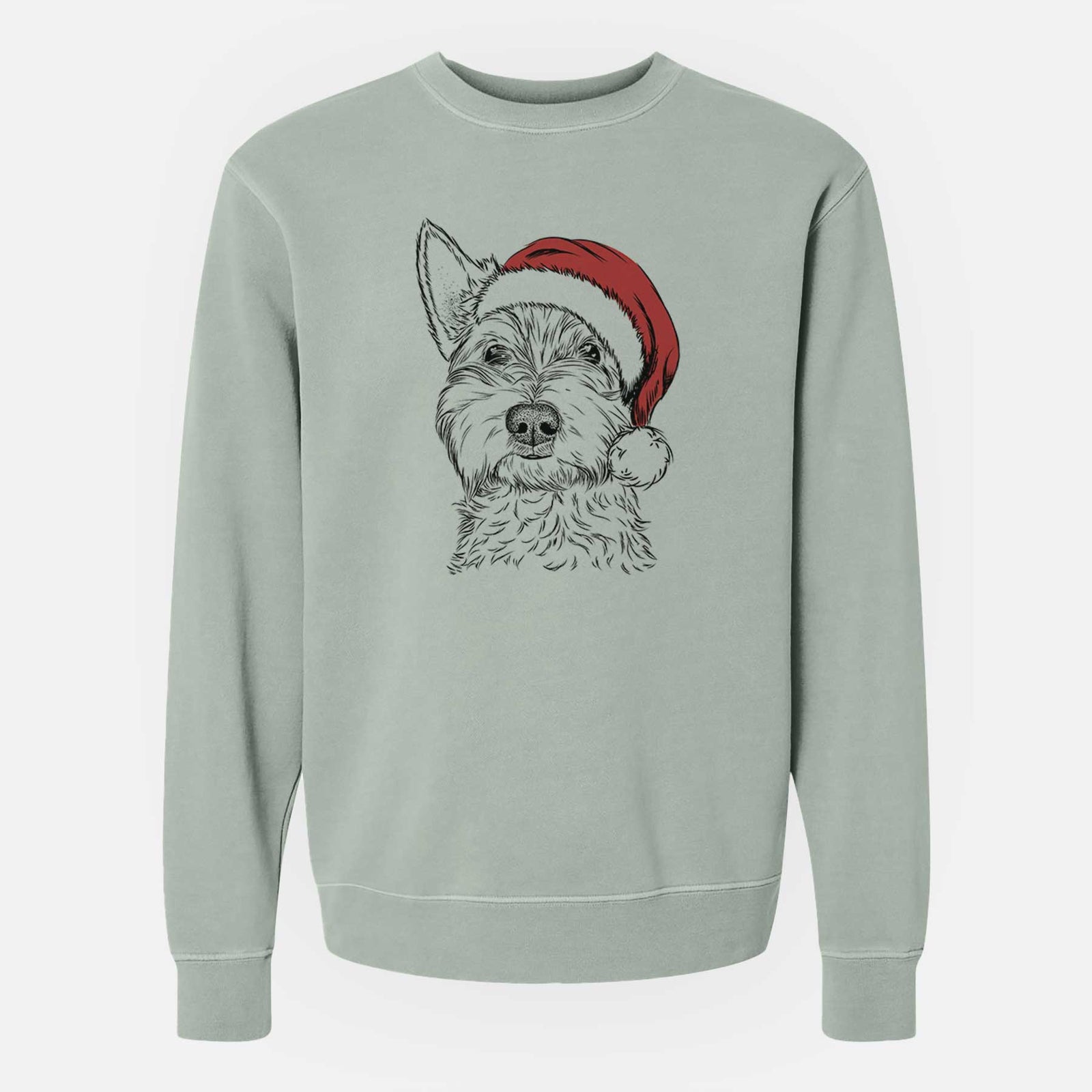 Hand-drawn sketch of Grizel the West Highland Terrier wearing a Santa hat on a Sage Unisex pigment dyed crew sweatshirt