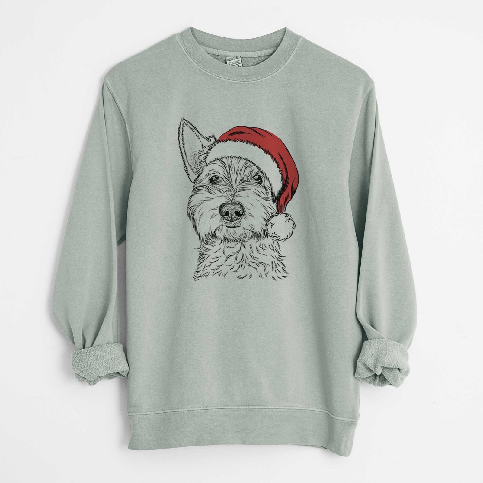 Hand-drawn sketch of Grizel the West Highland Terrier wearing a Santa hat on a Sage Unisex pigment dyed crew sweatshirt