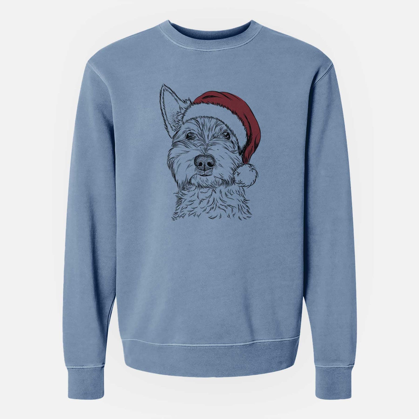 Hand-drawn sketch of Grizel the West Highland Terrier wearing a Santa hat on a Slate Blue Unisex pigment dyed crew sweatshirt