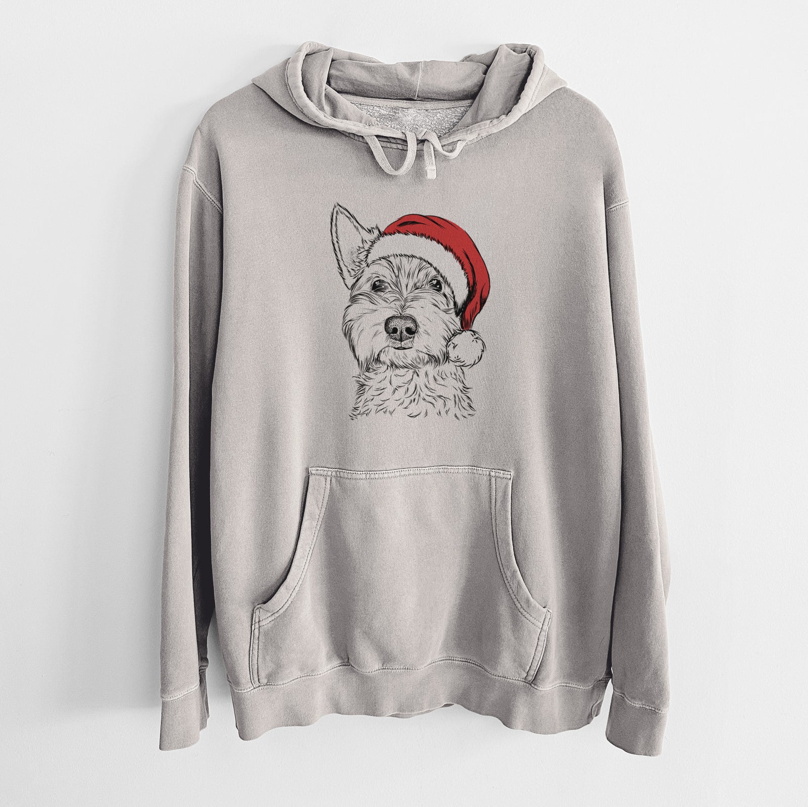 Hand-drawn sketch of Grizel the West Highland Terrier wearing a Santa hat on a Cement Unisex pigment dyed hoodie