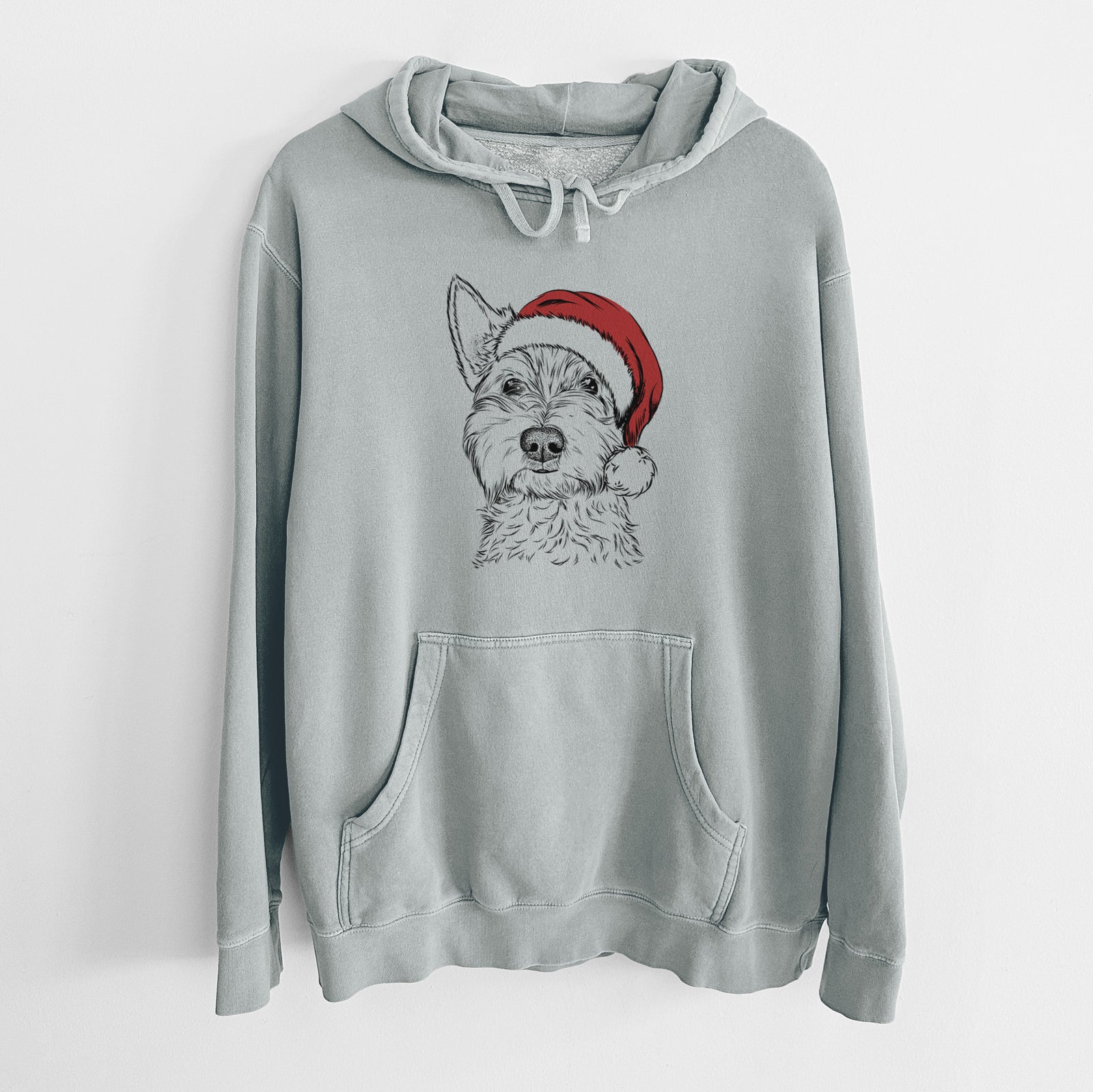 Hand-drawn sketch of Grizel the West Highland Terrier wearing a Santa hat on a Sage Unisex pigment dyed hoodie