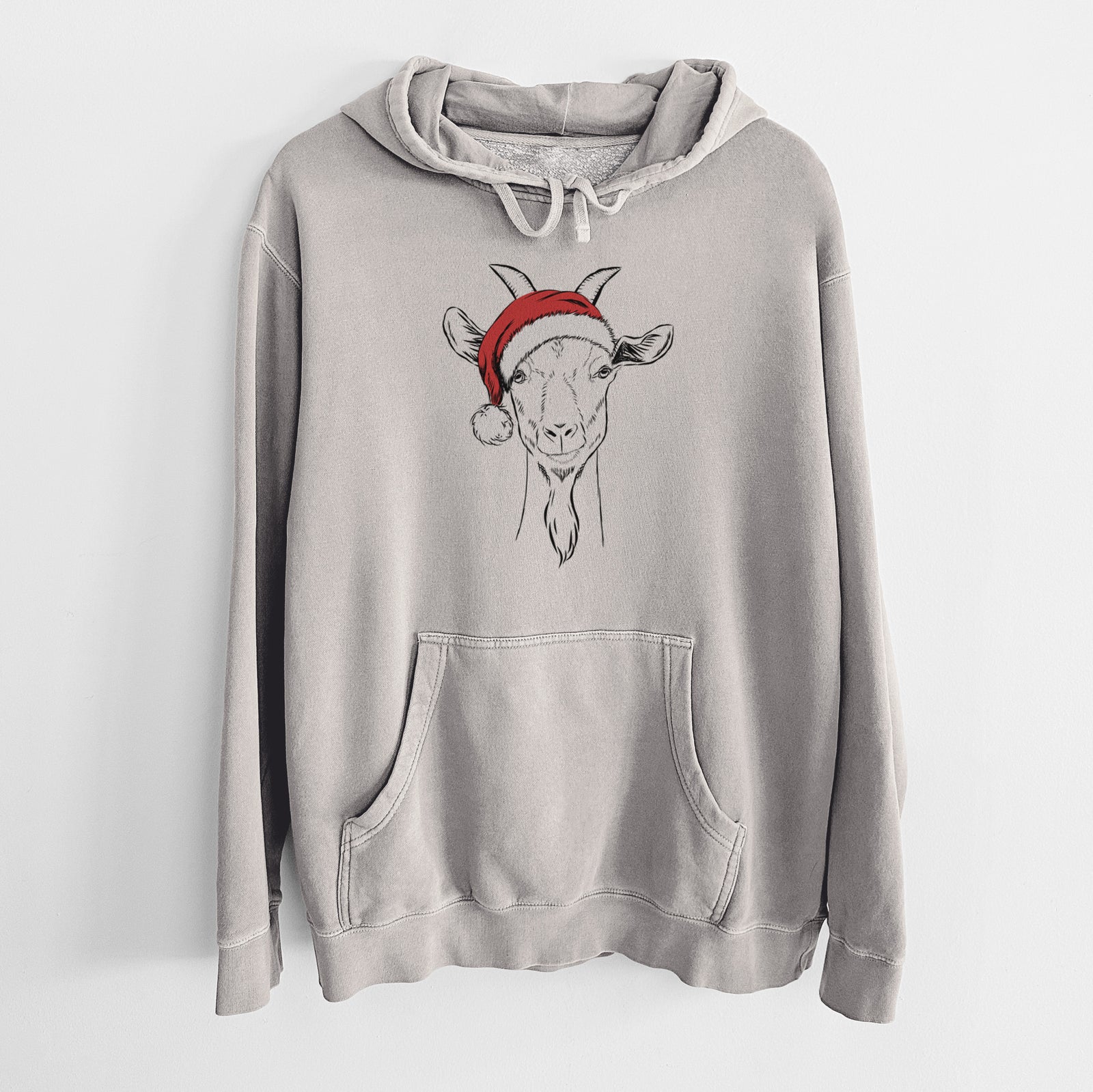 Hand-drawn sketch of Gunnar the Goat wearing a Santa hat on a Cement Unisex pigment dyed hoodie
