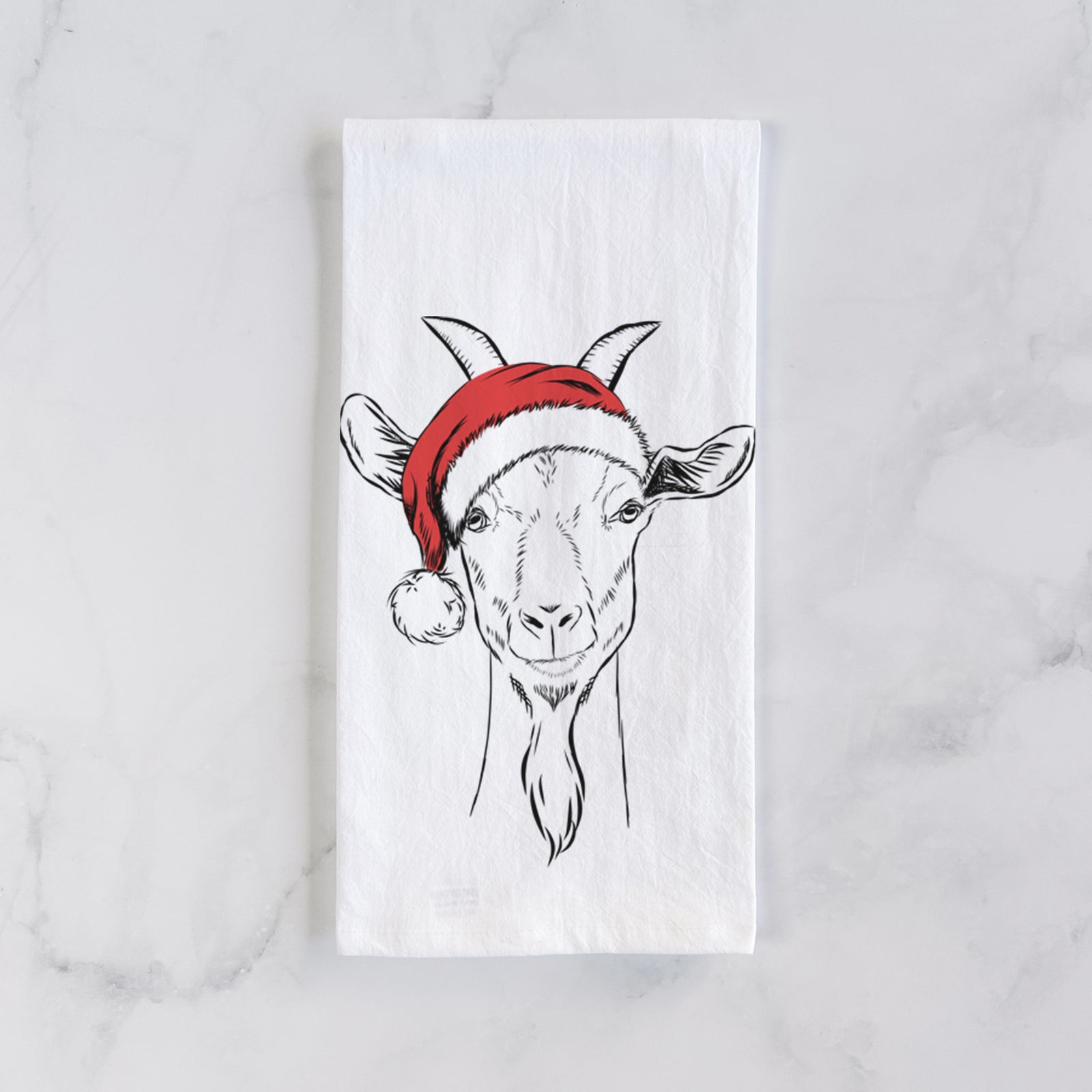 Hand-drawn sketch of Gunnar the Goat wearing a Santa hat on a tea towel