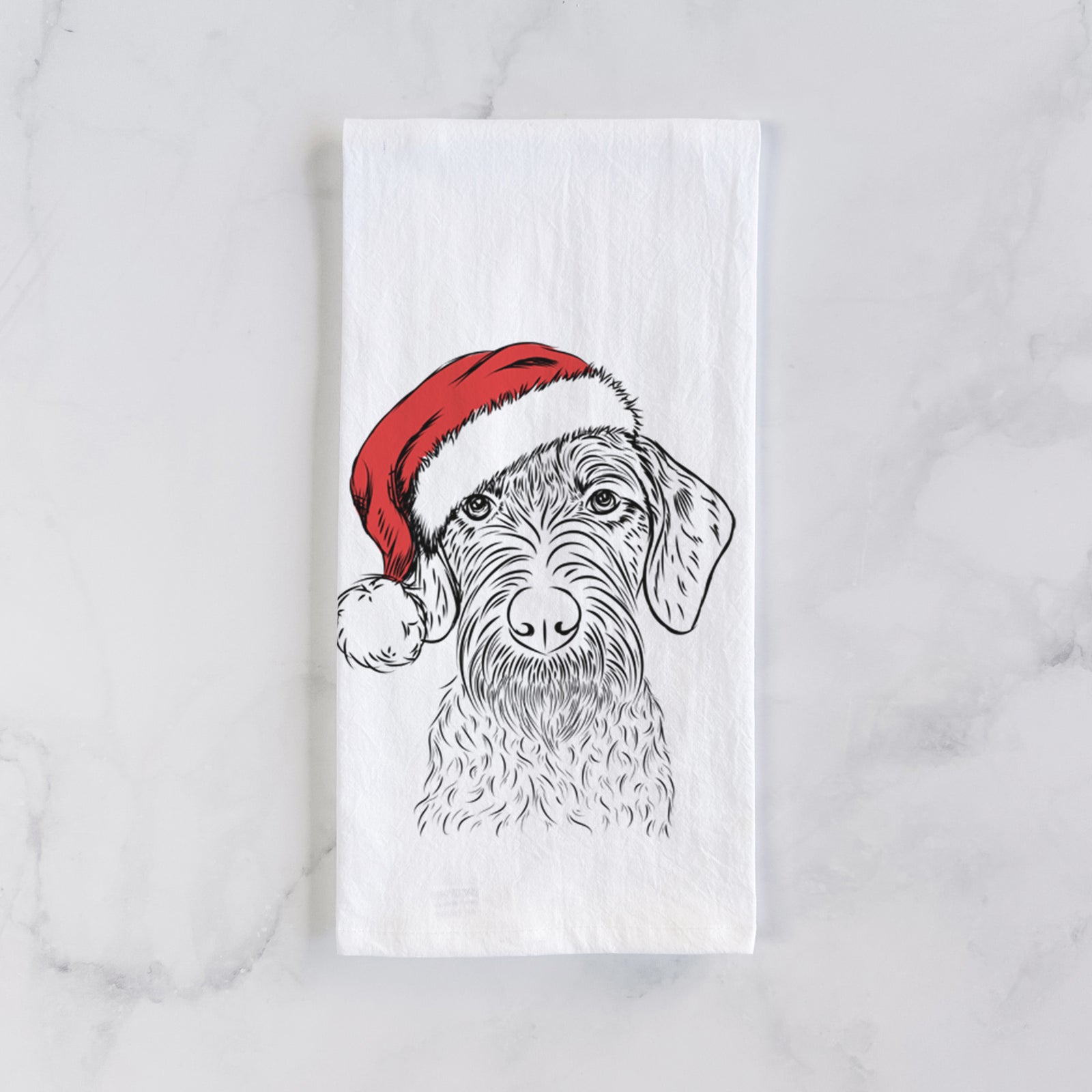 Hand-drawn sketch of Gus the German Wirehaired Pointer wearing a Santa hat on a tea towel