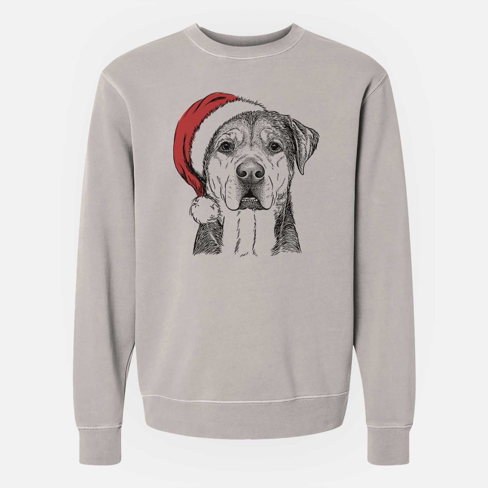 Hand-drawn sketch of Gus the Rottweiler Mix wearing a Santa hat on a Cement Unisex pigment dyed crew sweatshirt