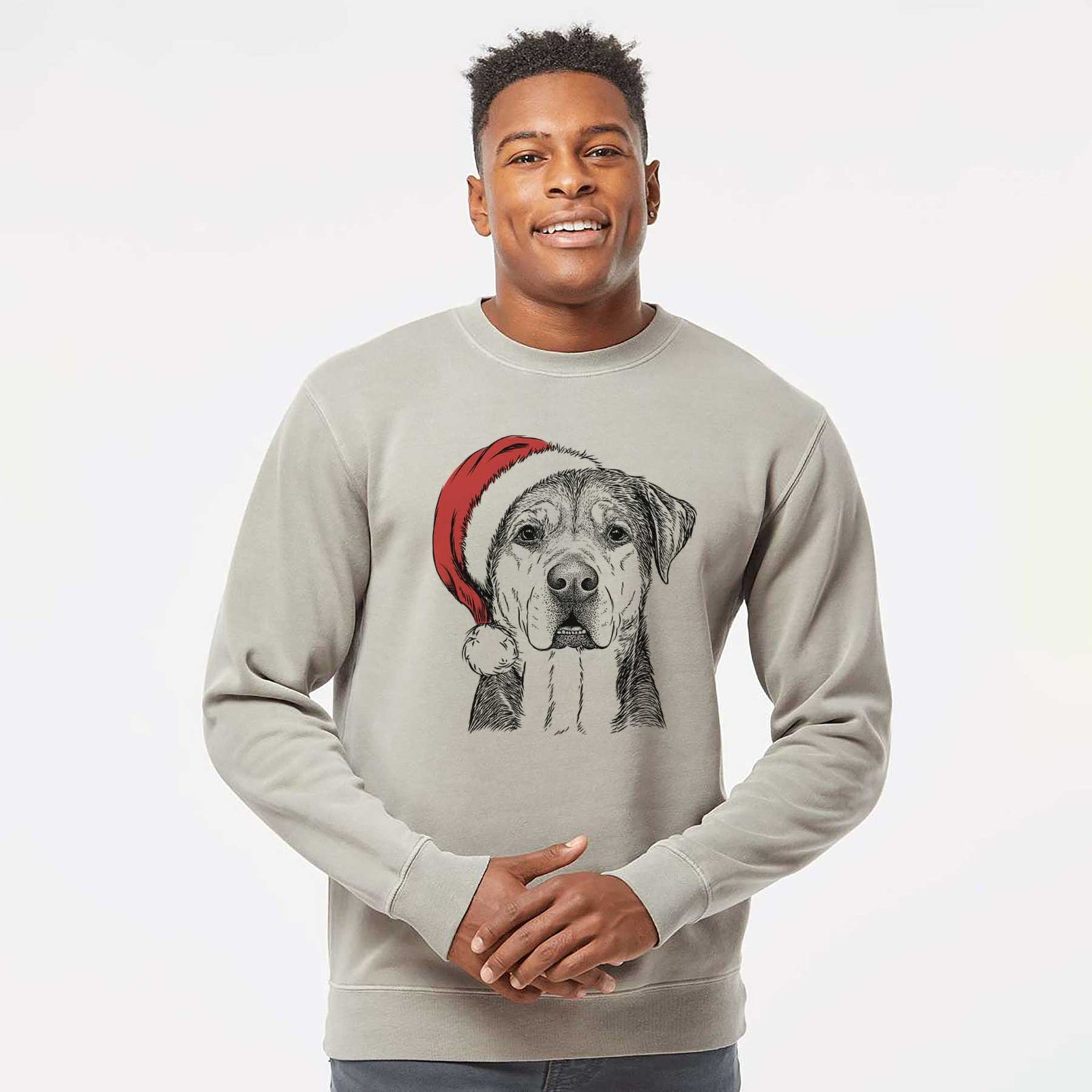 Hand-drawn sketch of Gus the Rottweiler Mix wearing a Santa hat on a Cement Unisex pigment dyed crew sweatshirt