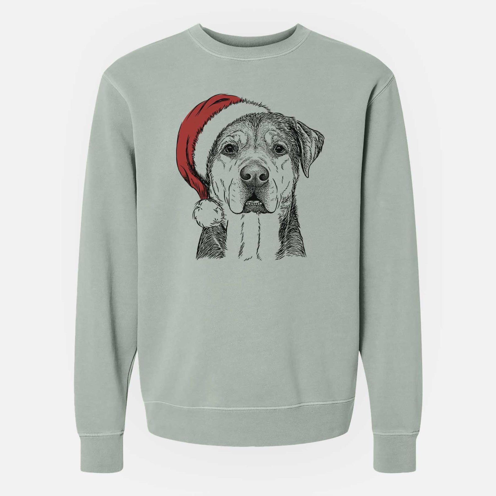 Hand-drawn sketch of Gus the Rottweiler Mix wearing a Santa hat on a Sage Unisex pigment dyed crew sweatshirt
