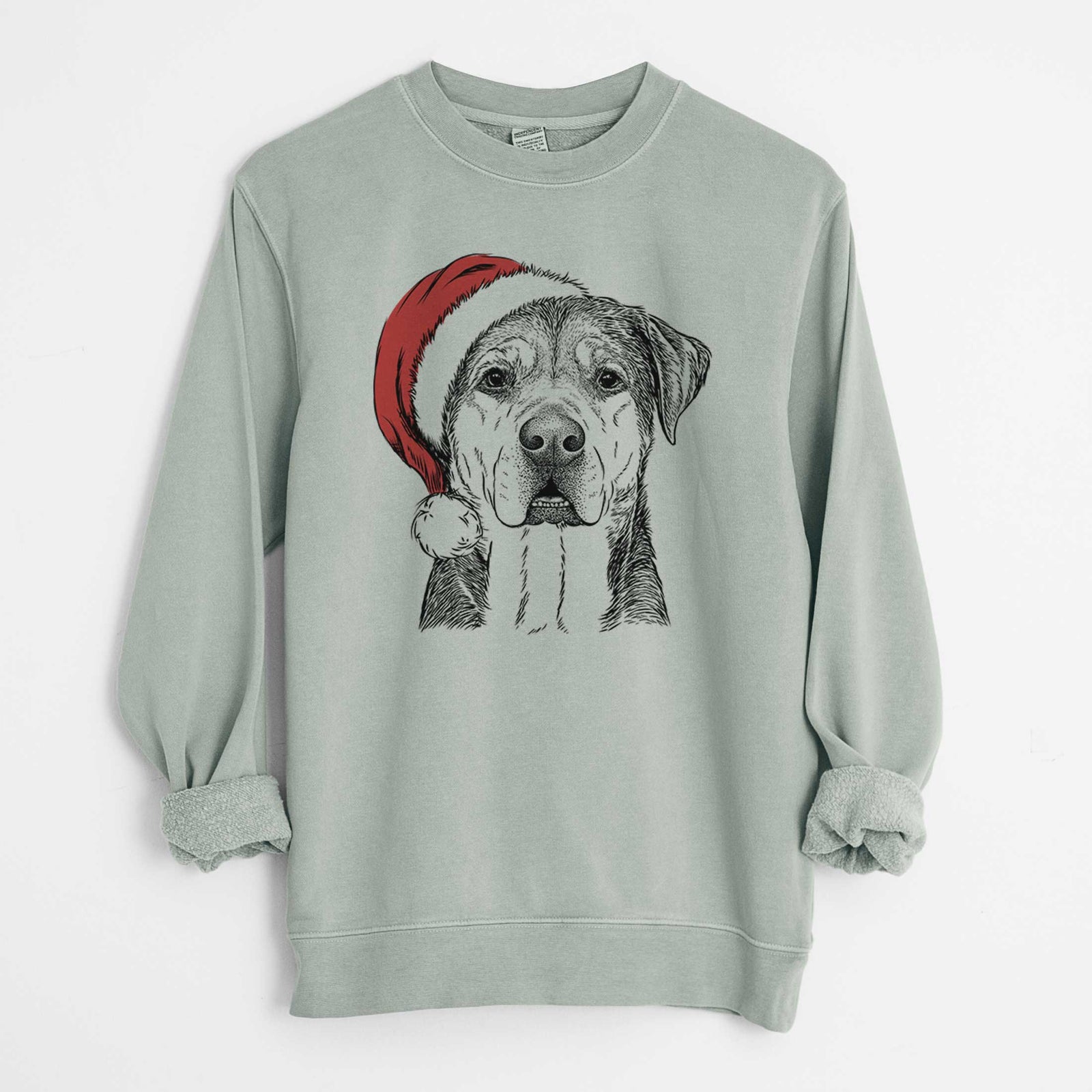 Hand-drawn sketch of Gus the Rottweiler Mix wearing a Santa hat on a Sage Unisex pigment dyed crew sweatshirt