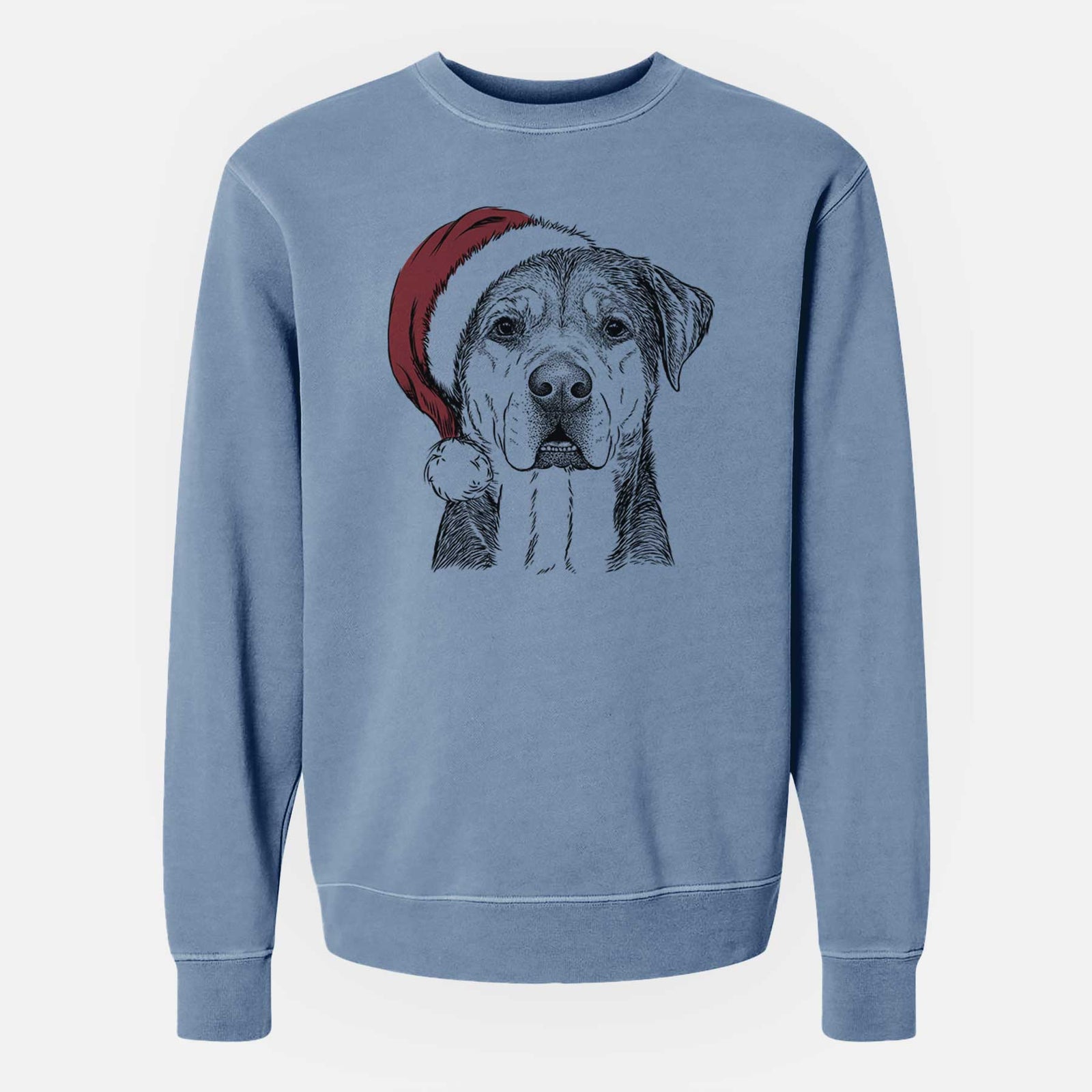 Hand-drawn sketch of Gus the Rottweiler Mix wearing a Santa hat on a Slate Blue Unisex pigment dyed crew sweatshirt