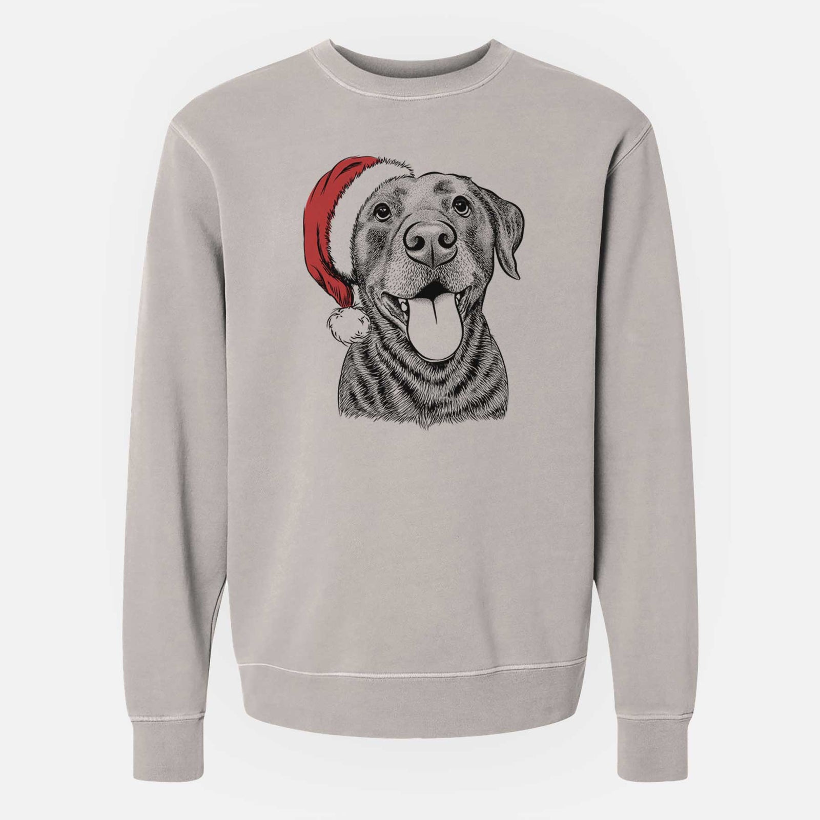 Hand-drawn sketch of Gwen the Labrador Retriever wearing a Santa hat on a Cement Unisex pigment dyed crew sweatshirt