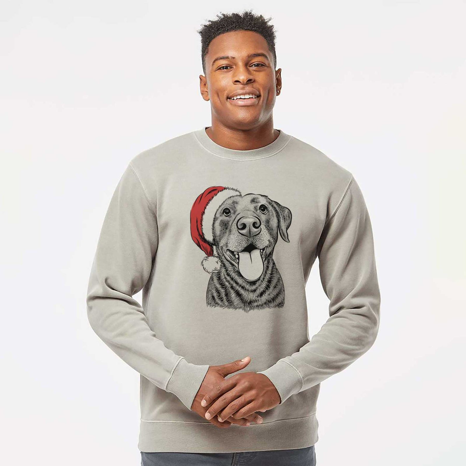 Hand-drawn sketch of Gwen the Labrador Retriever wearing a Santa hat on a Cement Unisex pigment dyed crew sweatshirt