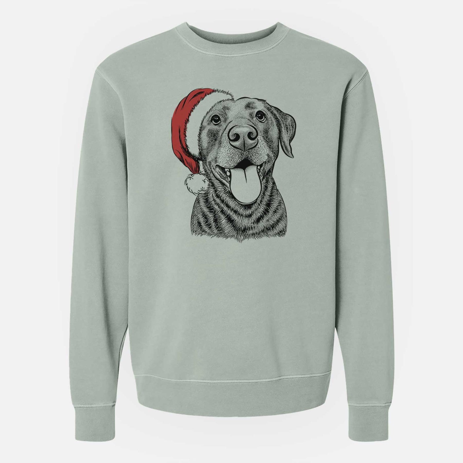 Hand-drawn sketch of Gwen the Labrador Retriever wearing a Santa hat on a Sage Unisex pigment dyed crew sweatshirt
