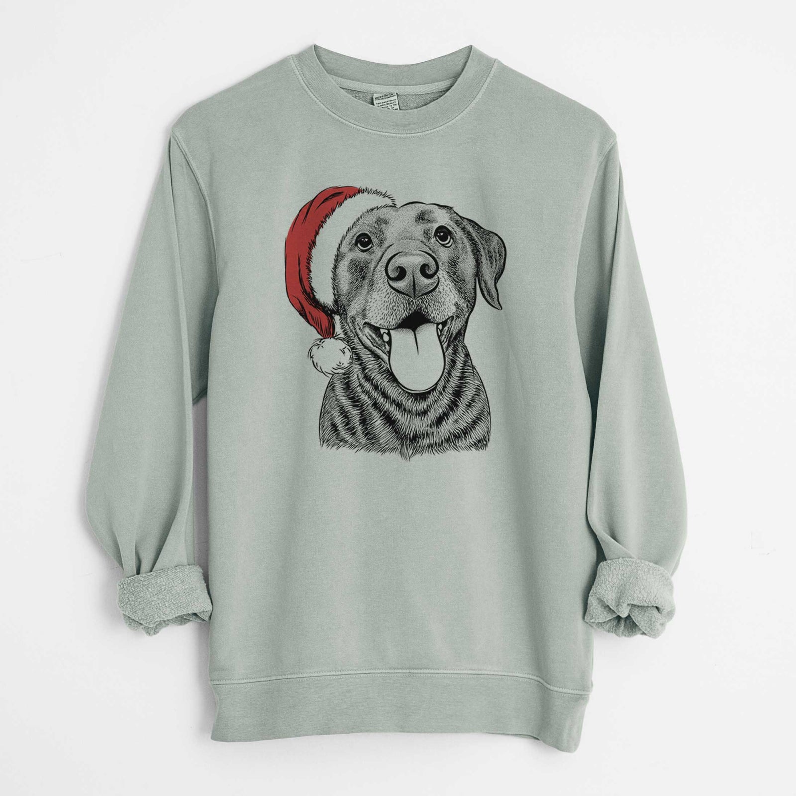 Hand-drawn sketch of Gwen the Labrador Retriever wearing a Santa hat on a Sage Unisex pigment dyed crew sweatshirt