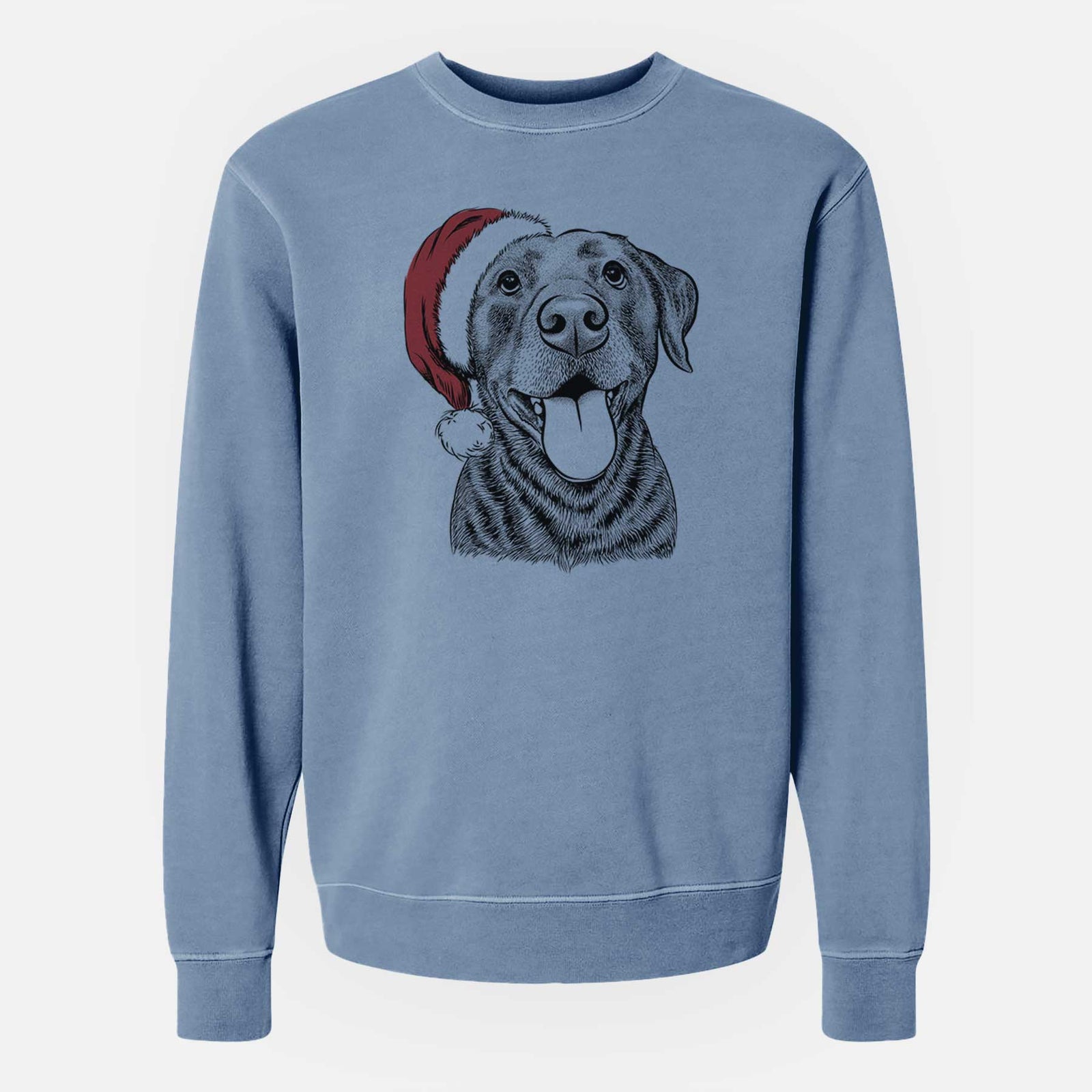 Hand-drawn sketch of Gwen the Labrador Retriever wearing a Santa hat on a Slate Blue Unisex pigment dyed crew sweatshirt
