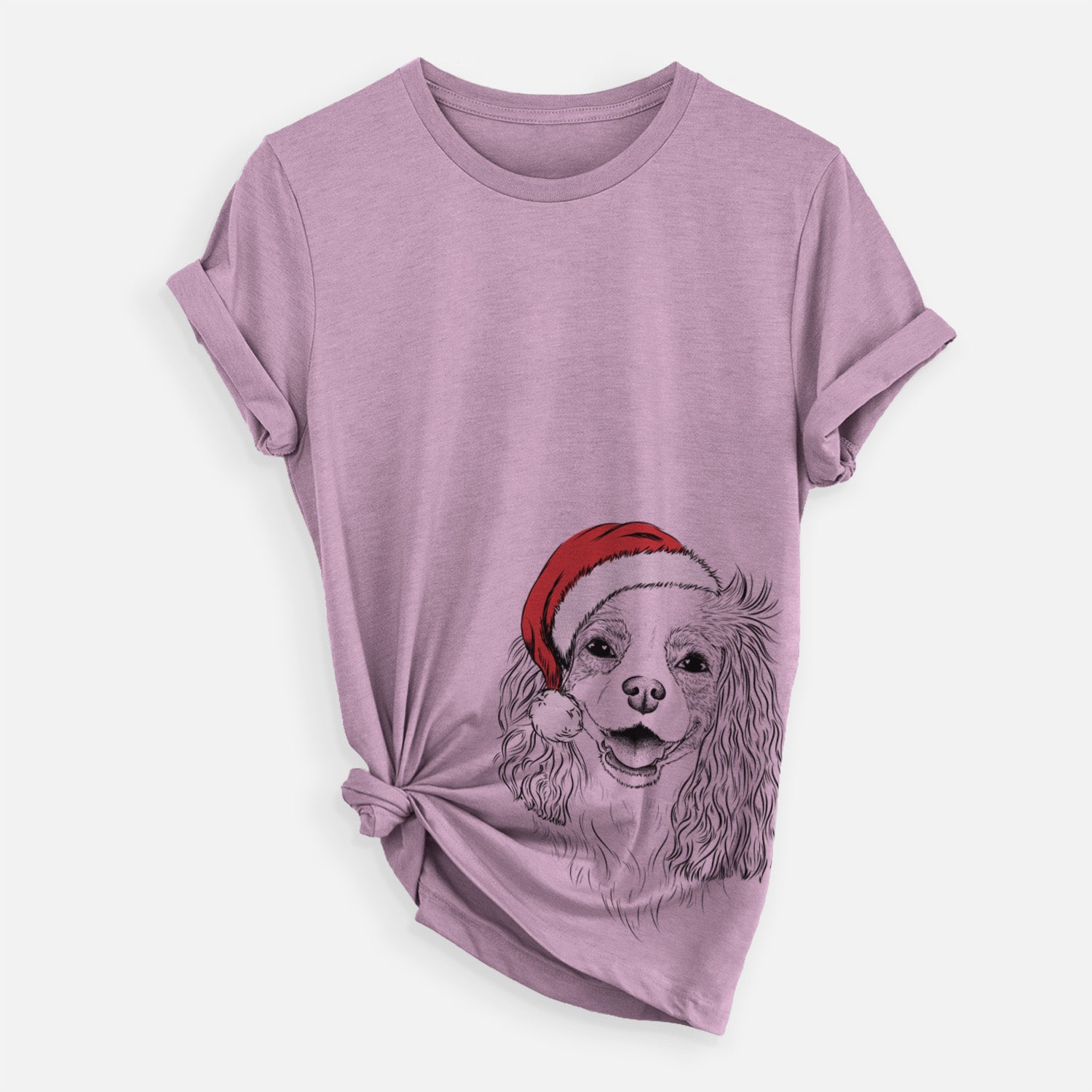 Hand-drawn sketch of Halley Comet the Cavalier King Charles Spaniel wearing a Santa hat on an Orchid Unisex crewneck, worn by a woman