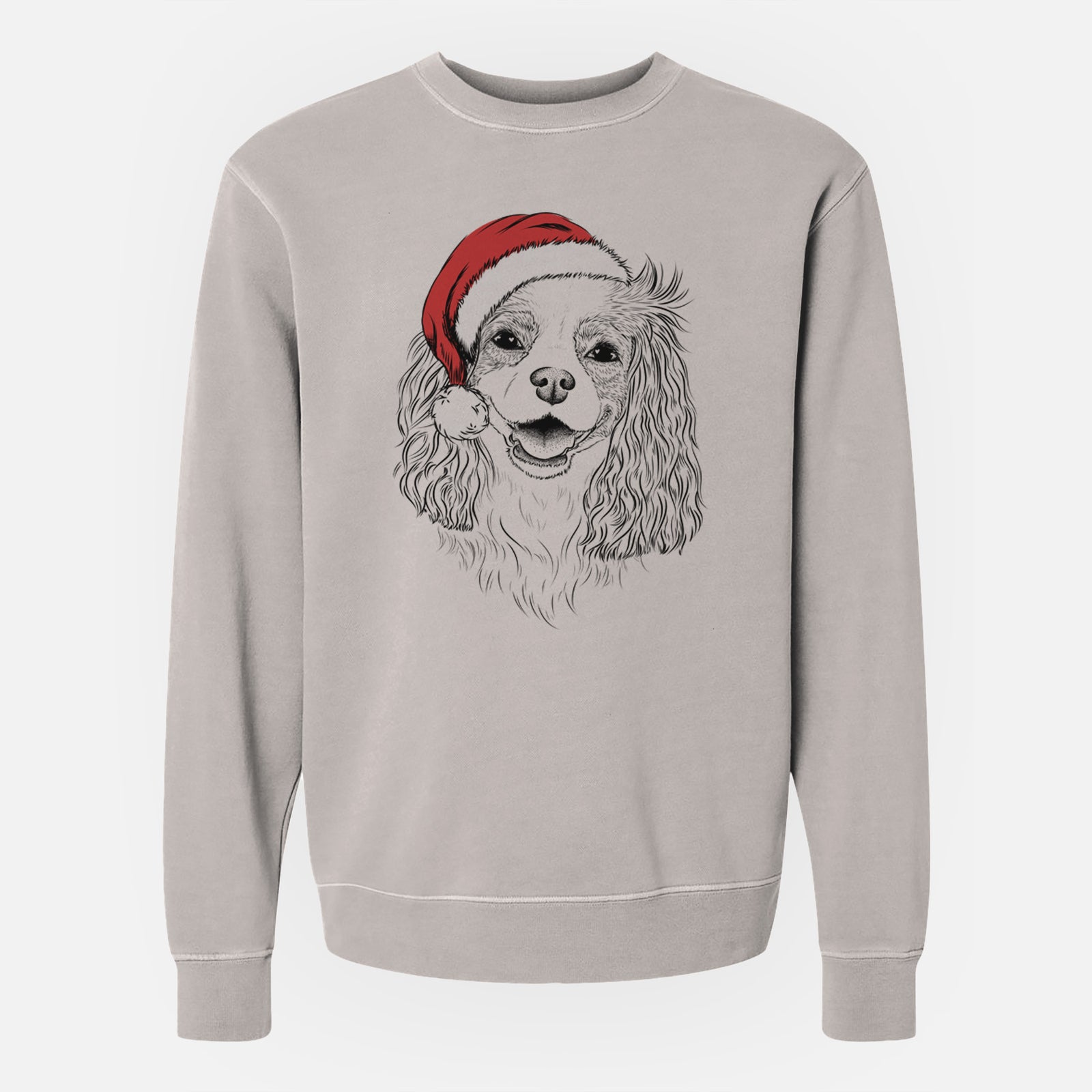 Hand-drawn sketch of Halley Comet the Cavalier King Charles Spaniel wearing a Santa hat on a Cement Unisex pigment dyed crew sweatshirt