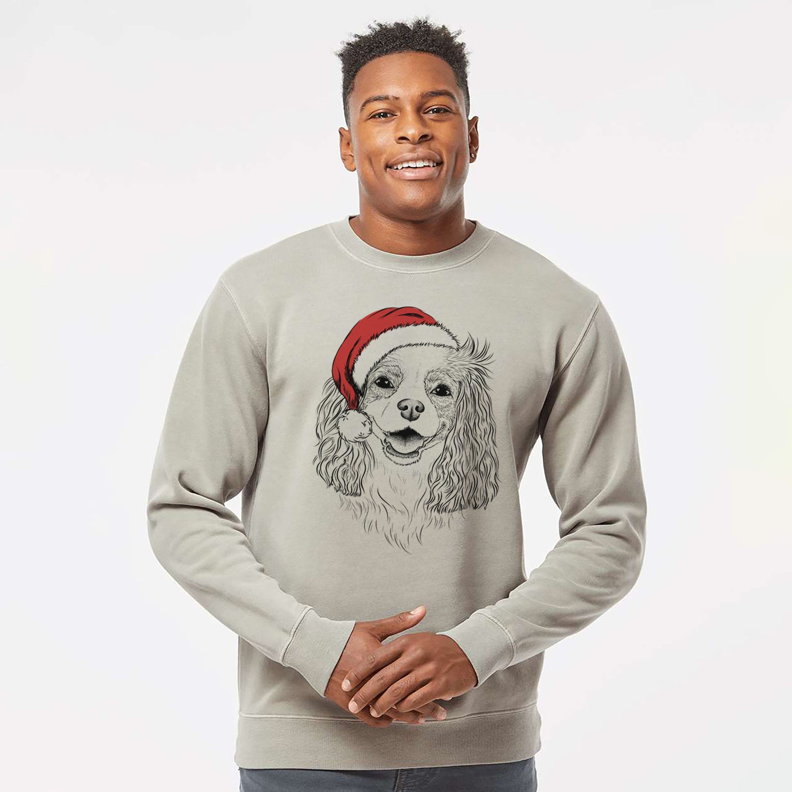 Hand-drawn sketch of Halley Comet the Cavalier King Charles Spaniel wearing a Santa hat on a Cement Unisex pigment dyed crew sweatshirt