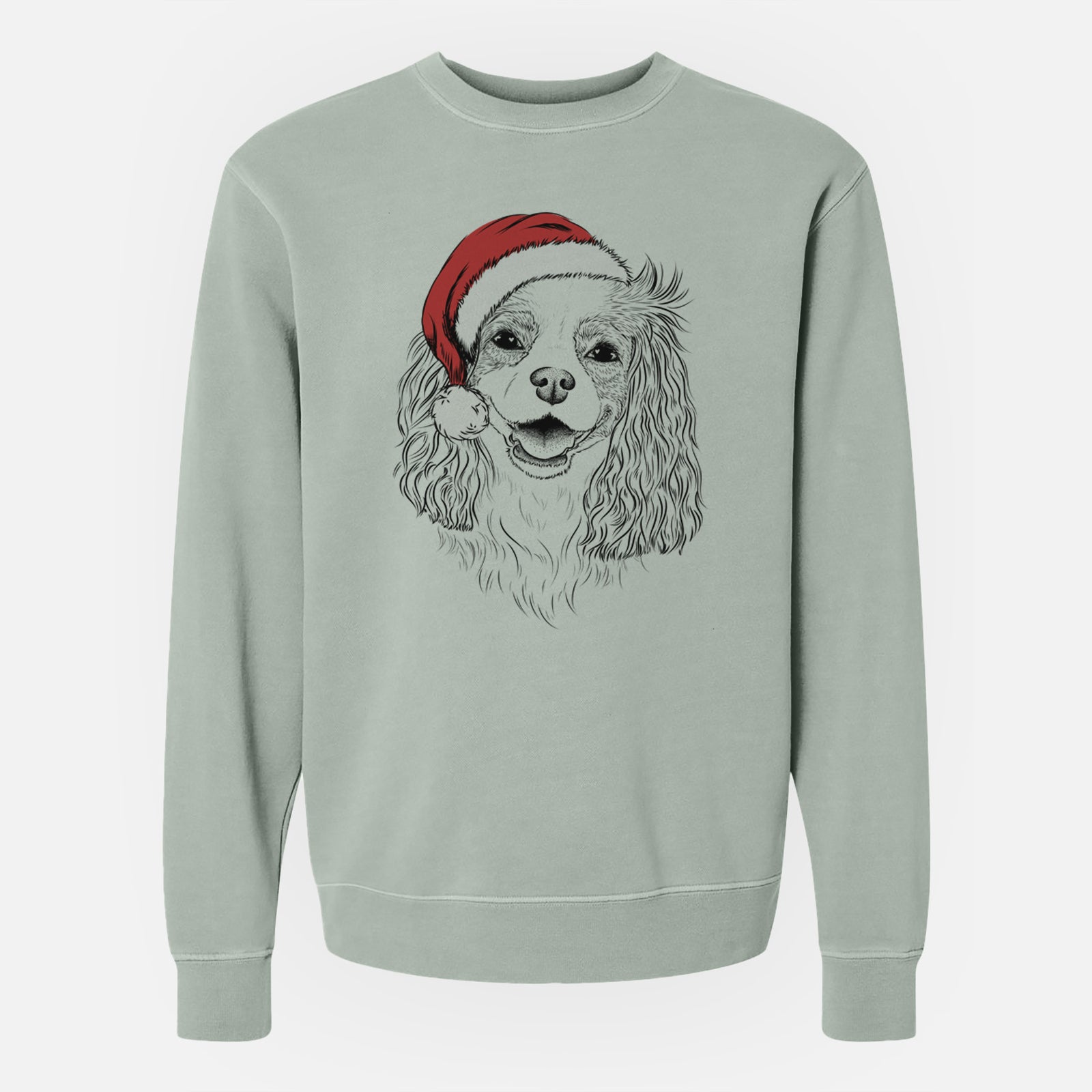 Hand-drawn sketch of Halley Comet the Cavalier King Charles Spaniel wearing a Santa hat on a Sage Unisex pigment dyed crew sweatshirt