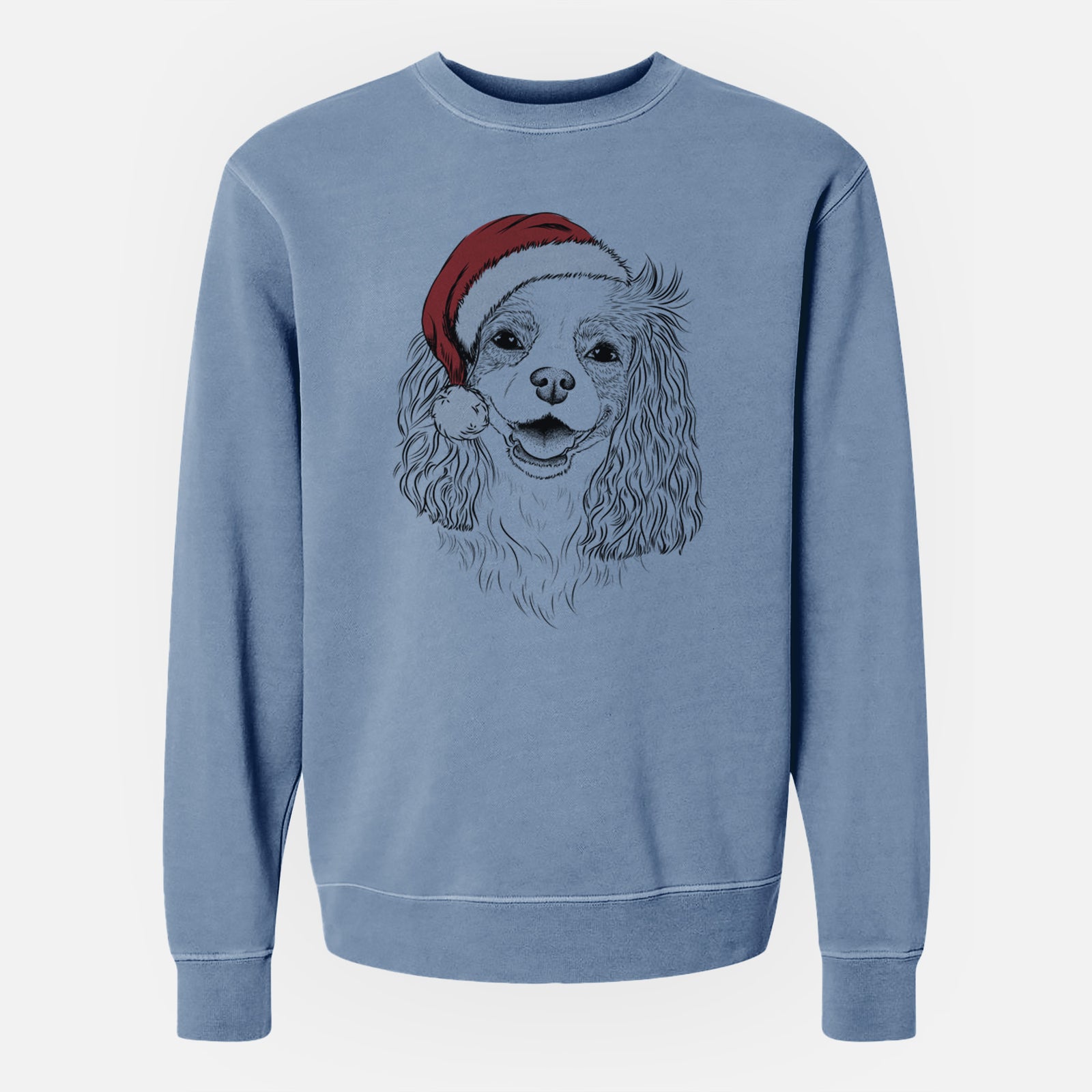Hand-drawn sketch of Halley Comet the Cavalier King Charles Spaniel wearing a Santa hat on a Slate Blue Unisex pigment dyed crew sweatshirt