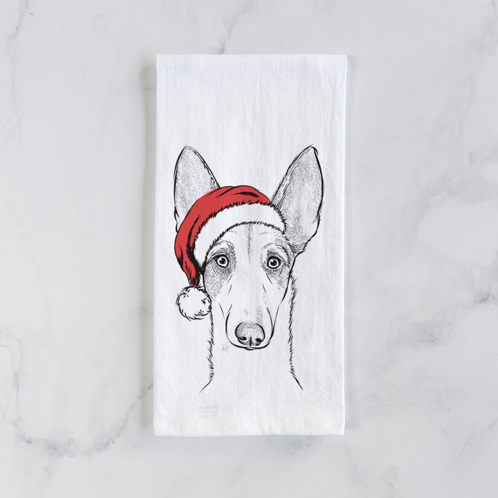 Hand-drawn sketch of Halo the Ibizan Sight Hound wearing a Santa hat on a tea towel