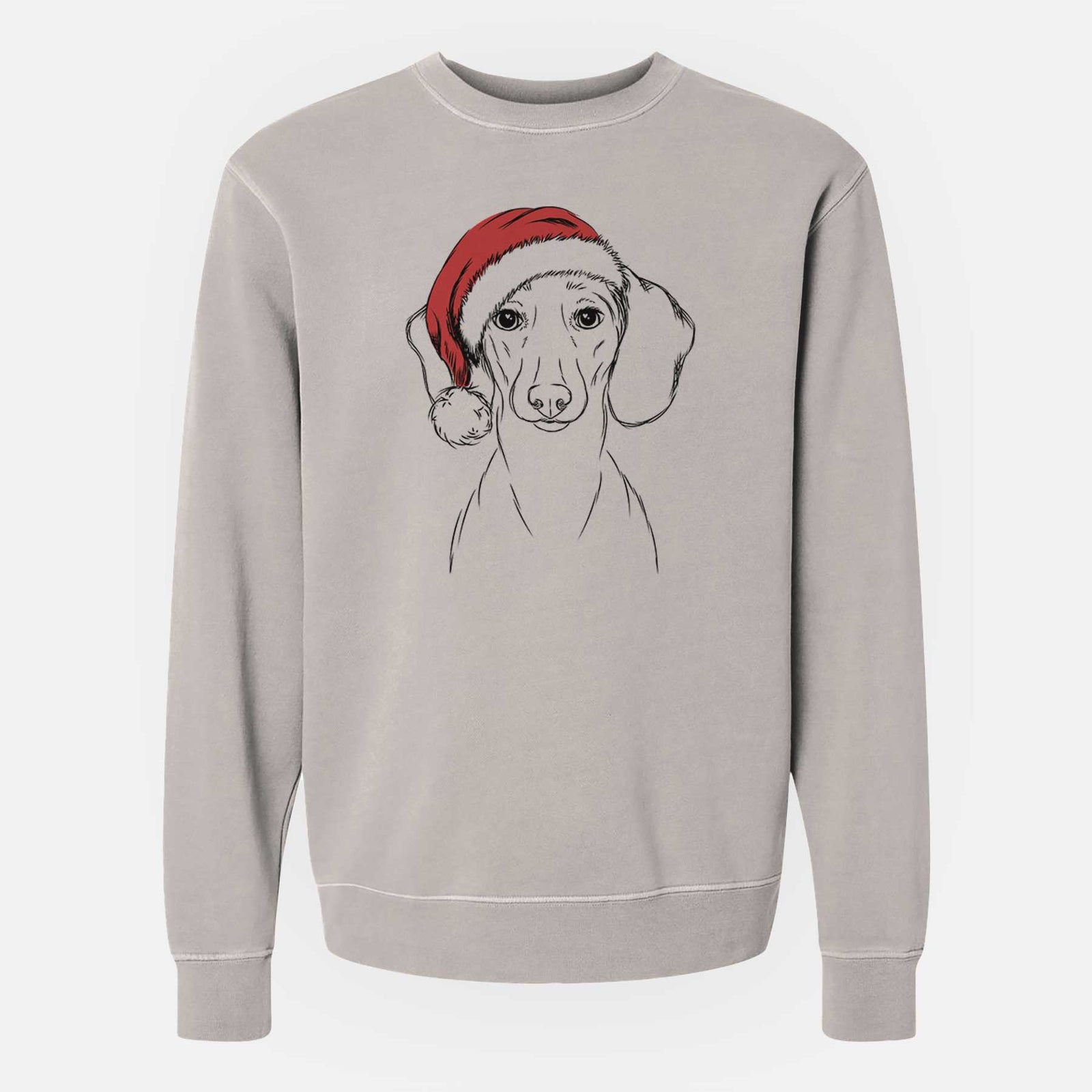 Hand-drawn sketch of Hans the Dachshund wearing a Santa hat on a Cement Unisex pigment dyed crew sweatshirt