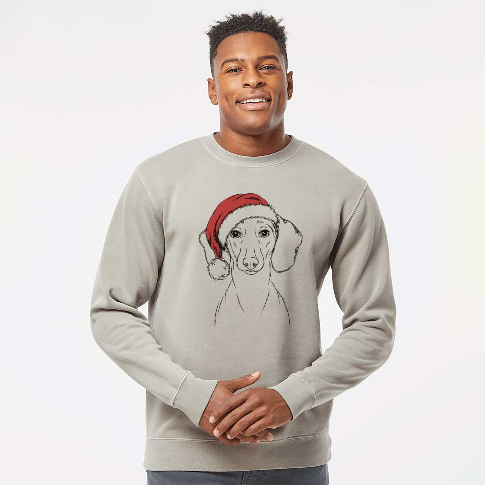 Hand-drawn sketch of Hans the Dachshund wearing a Santa hat on a Cement Unisex pigment dyed crew sweatshirt
