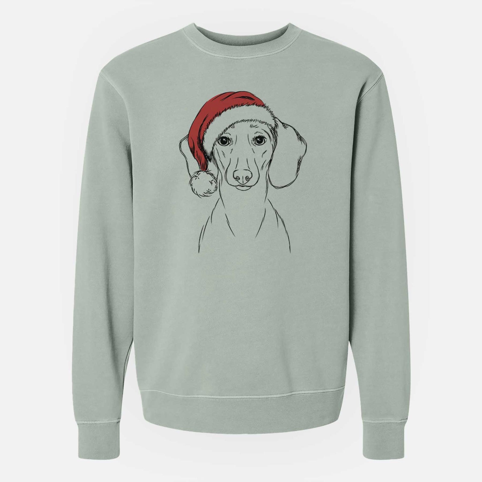 Hand-drawn sketch of Hans the Dachshund wearing a Santa hat on a Sage Unisex pigment dyed crew sweatshirt