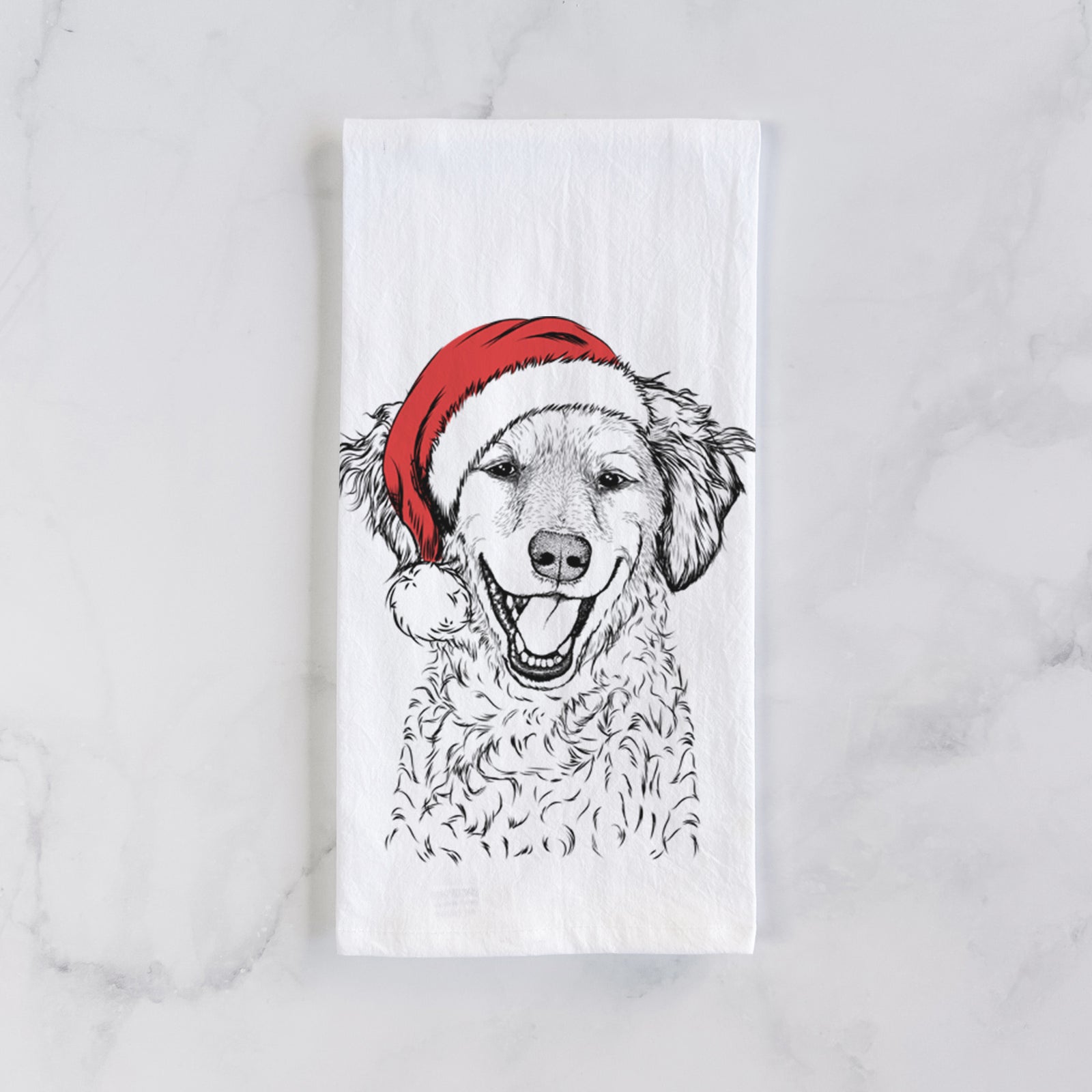 Hand-drawn sketch of Happy Otis the Miniature Goldendoodle wearing a Santa hat on a tea towel