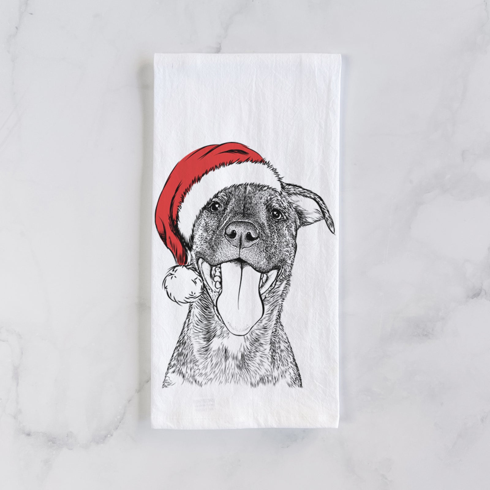 Hand-drawn sketch of Harley the Pitbull Mix wearing a Santa hat on a tea towel