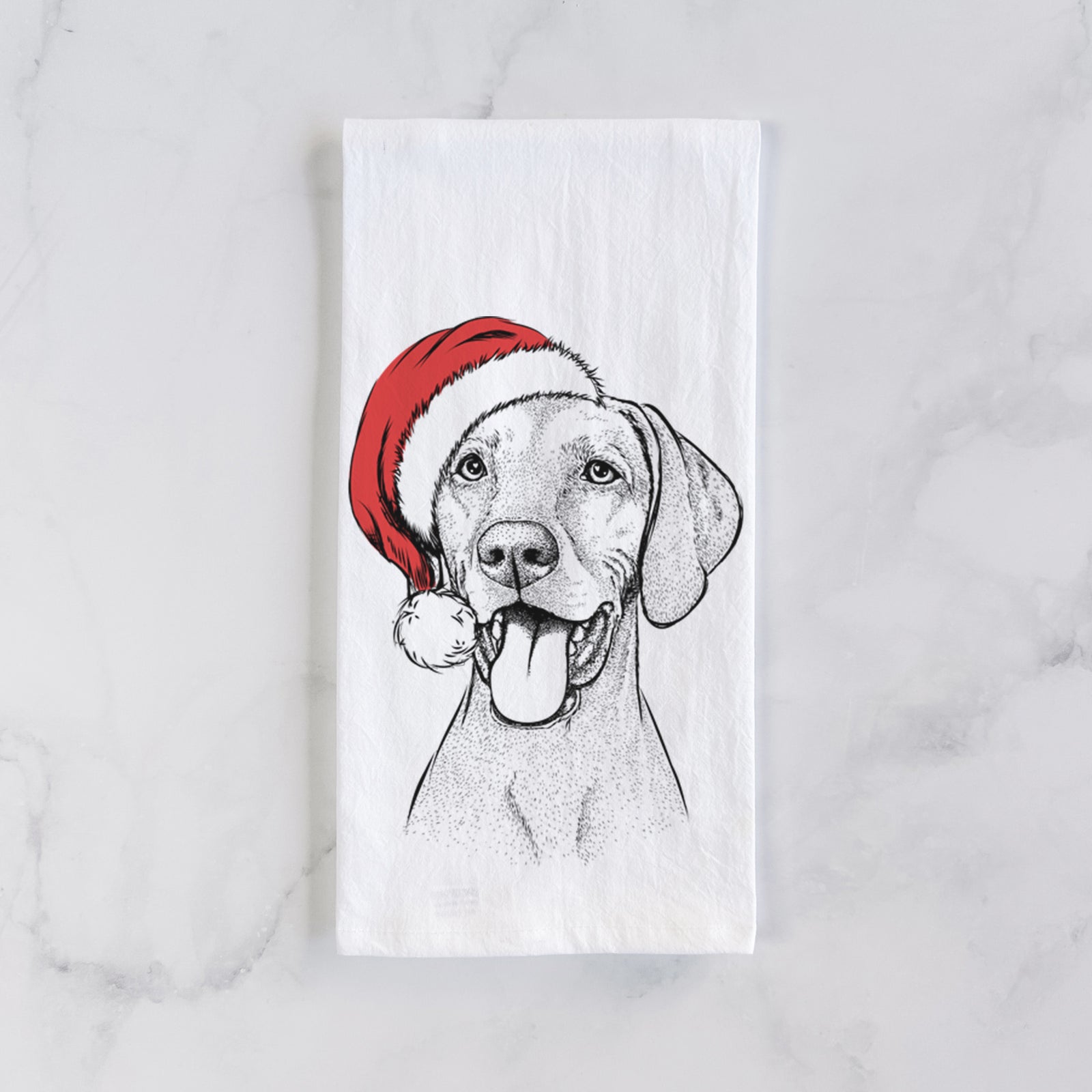 Hand-drawn sketch of Harper the Vizsla wearing a Santa hat on a tea towel