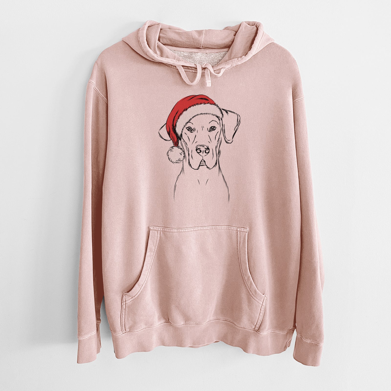 Hand-drawn sketch of Harvey the Great Dane wearing a Santa hat on a Dusty Pink Unisex pigment dyed hoodie