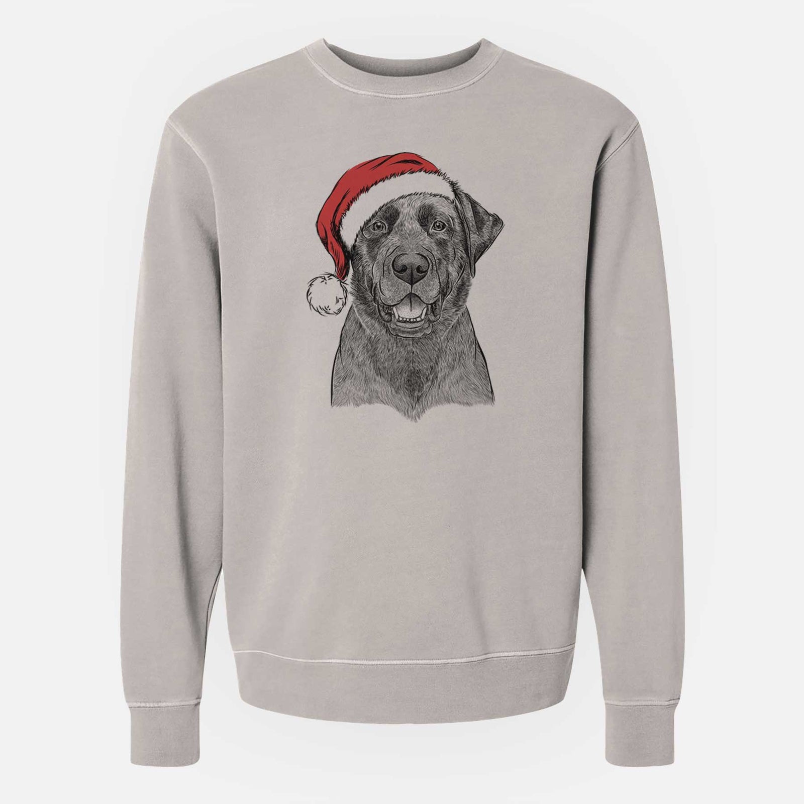 Hand-drawn sketch of Heath the Black Lab wearing a Santa hat on a Cement Unisex pigment dyed crew sweatshirt