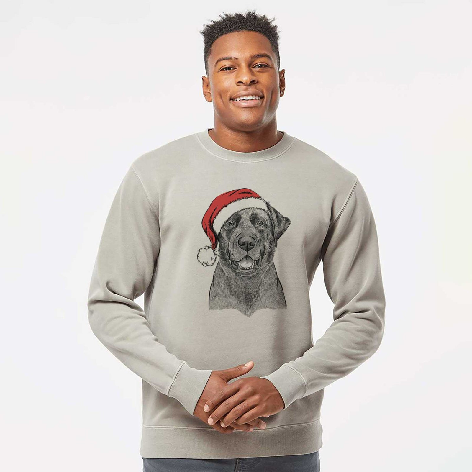 Hand-drawn sketch of Heath the Black Lab wearing a Santa hat on a Cement Unisex pigment dyed crew sweatshirt