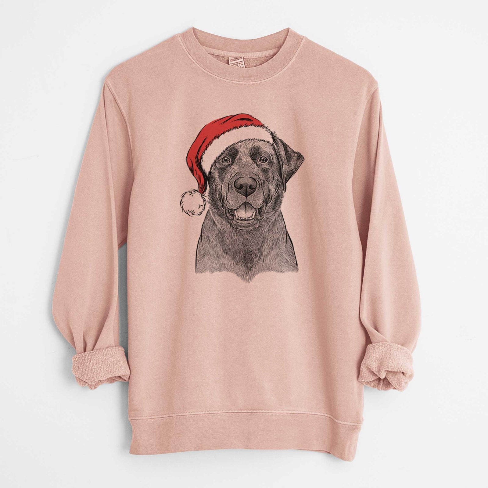Hand-drawn sketch of Heath the Black Lab wearing a Santa hat on a Dusty Pink Unisex pigment dyed crew sweatshirt