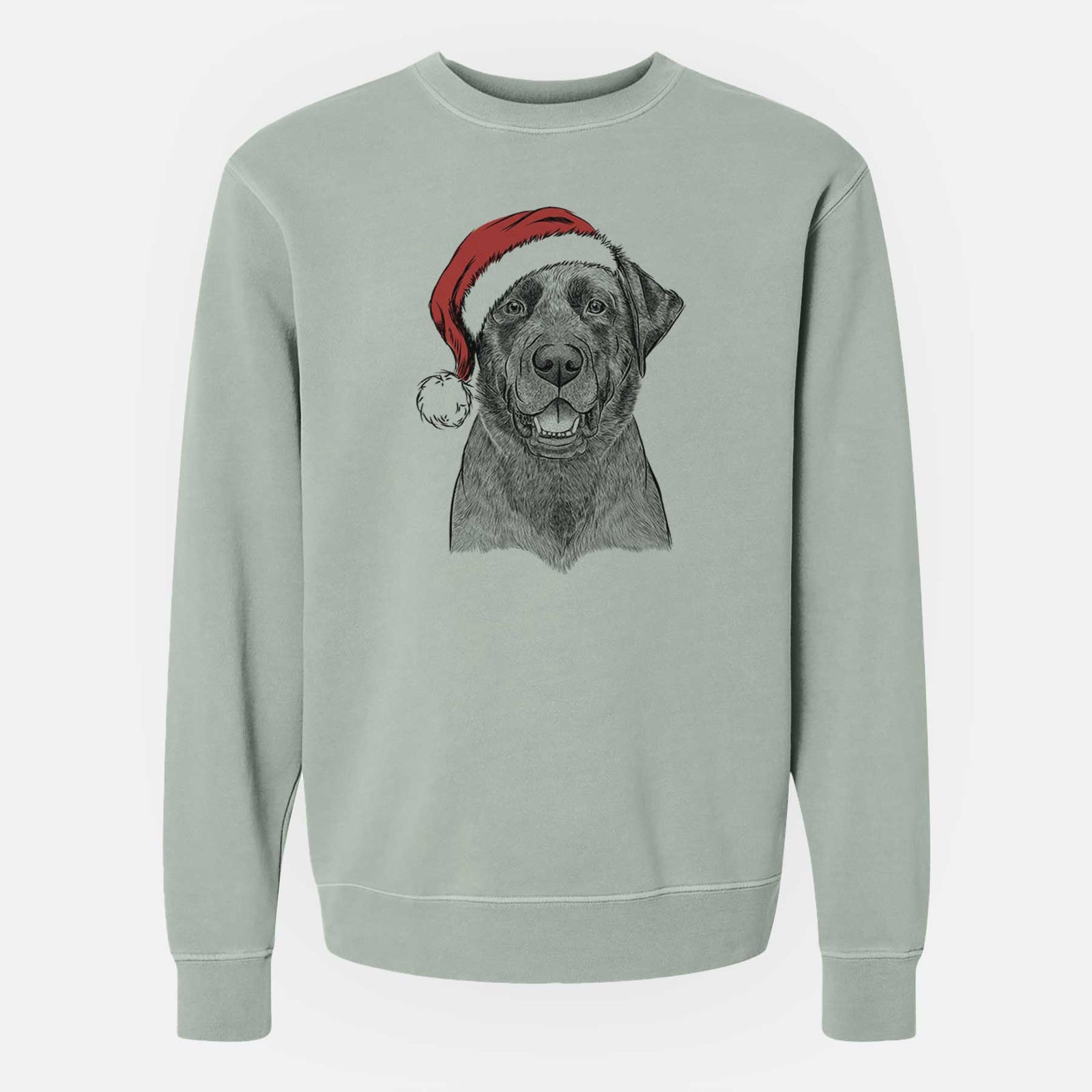 Hand-drawn sketch of Heath the Black Lab wearing a Santa hat on a Sage Unisex pigment dyed crew sweatshirt