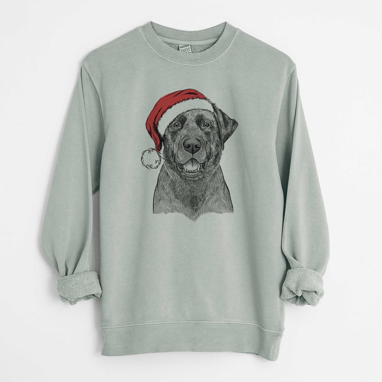 Hand-drawn sketch of Heath the Black Lab wearing a Santa hat on a Sage Unisex pigment dyed crew sweatshirt