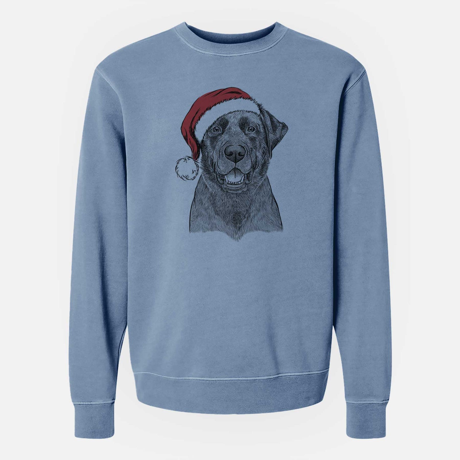 Hand-drawn sketch of Heath the Black Lab wearing a Santa hat on a Slate Blue Unisex pigment dyed crew sweatshirt