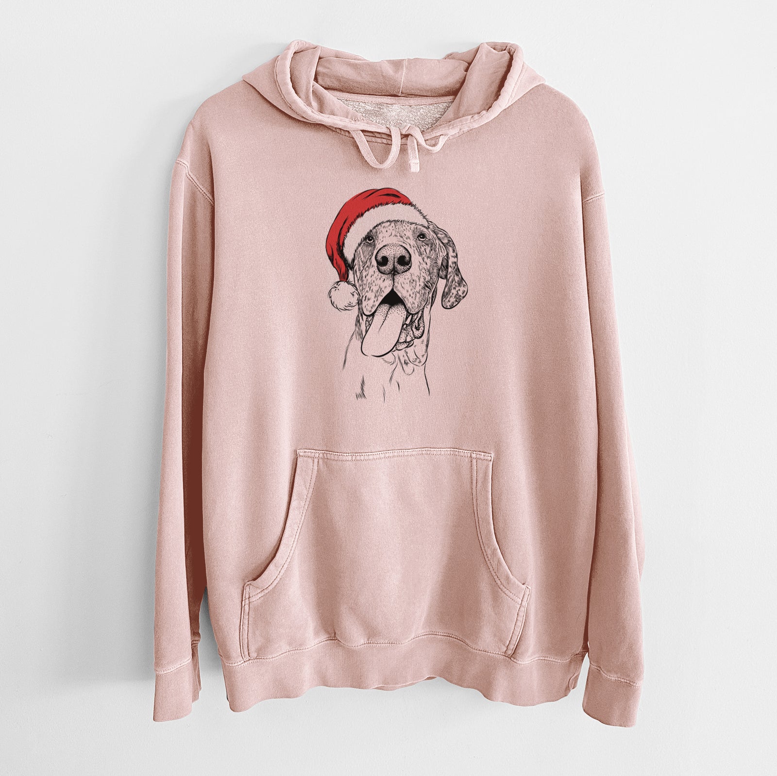 Hand-drawn sketch of Hennessey the Great Dane wearing a Santa hat on a Dusty Pink Unisex pigment dyed hoodie