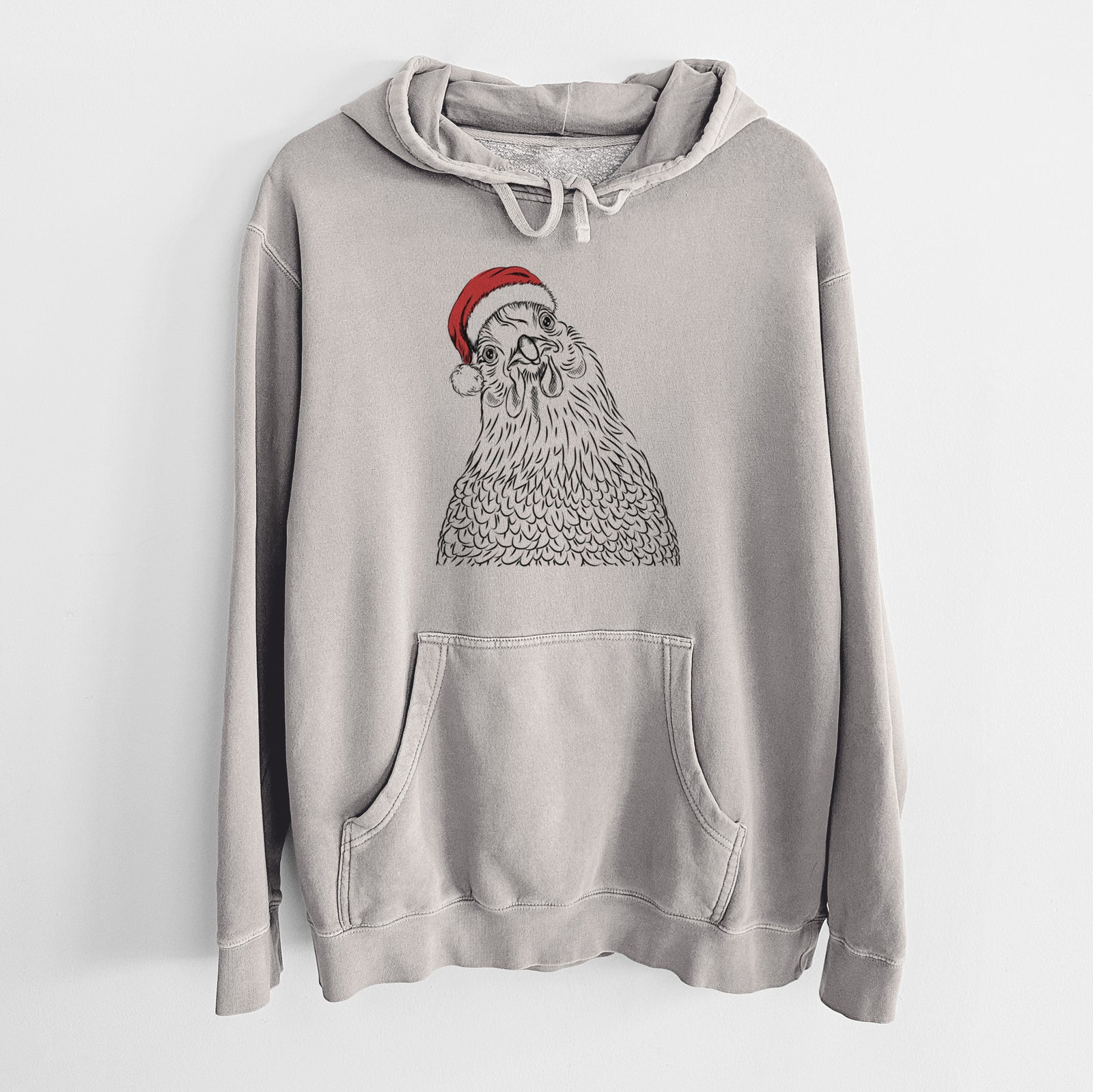 Hand-drawn sketch of Henrietta the Chicken wearing a Santa hat on a Cement Unisex pigment dyed hoodie