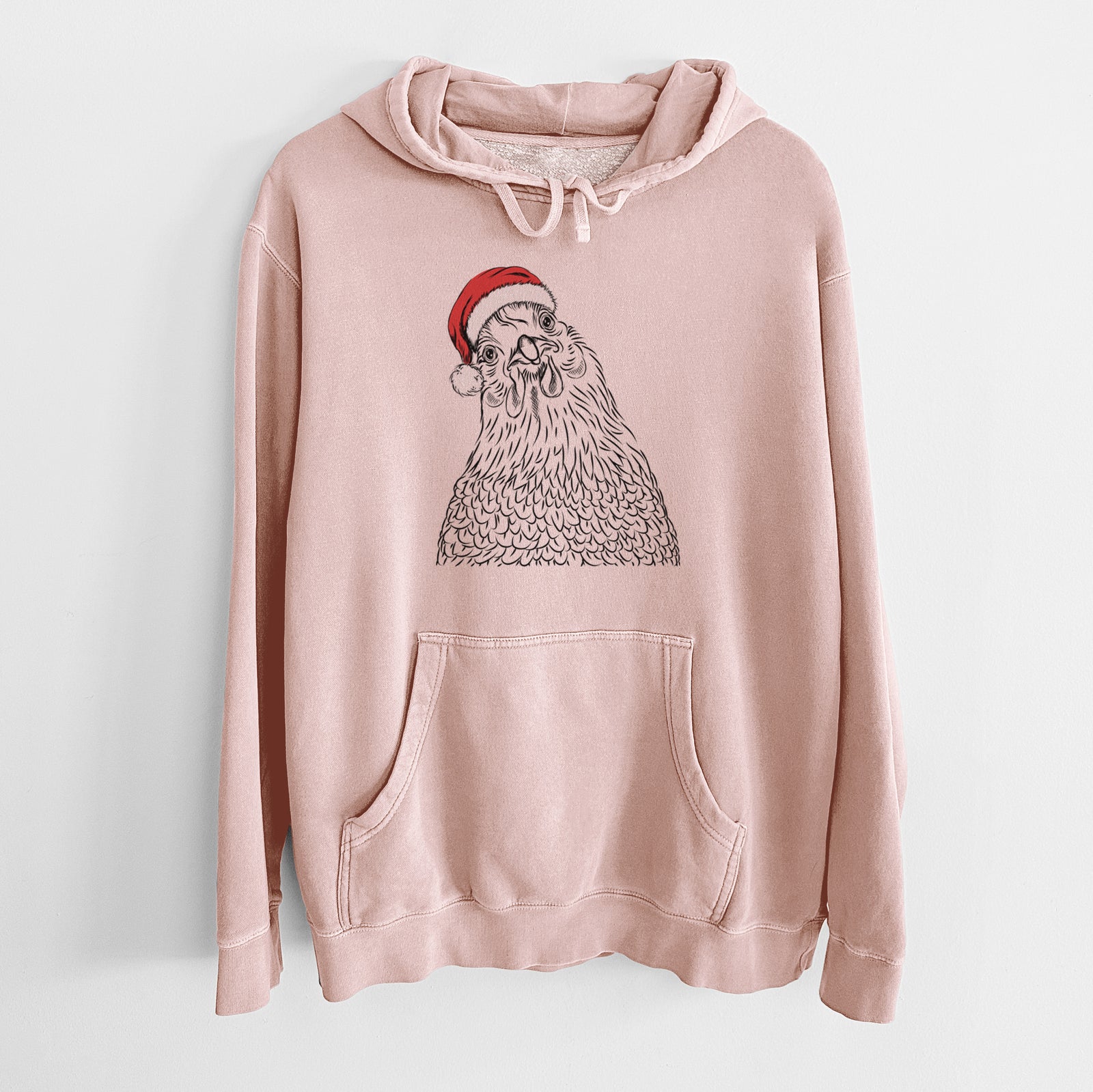 Hand-drawn sketch of Henrietta the Chicken wearing a Santa hat on a Dusty Pink Unisex pigment dyed hoodie