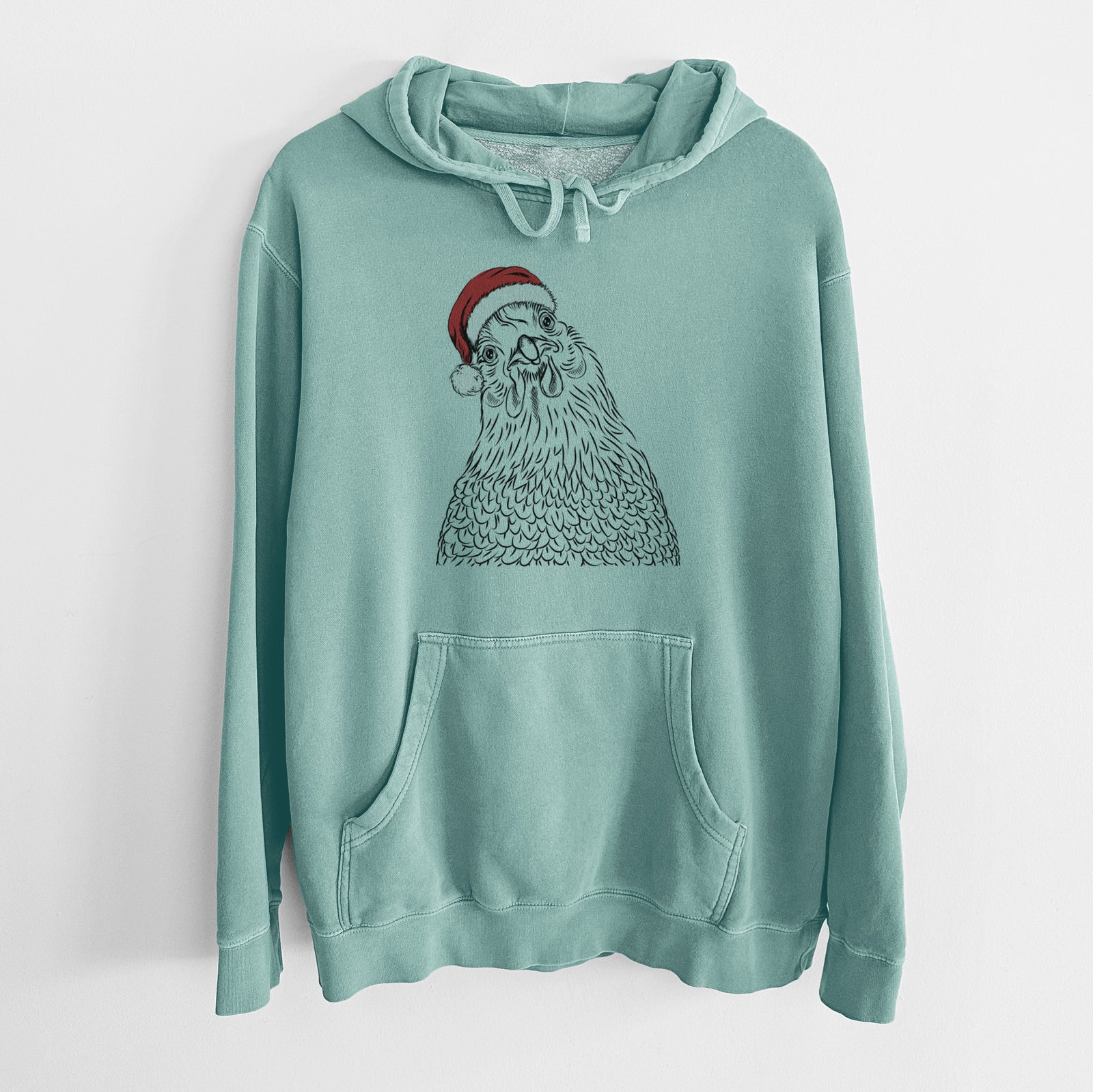 Hand-drawn sketch of Henrietta the Chicken wearing a Santa hat on a Mint Unisex pigment dyed hoodie