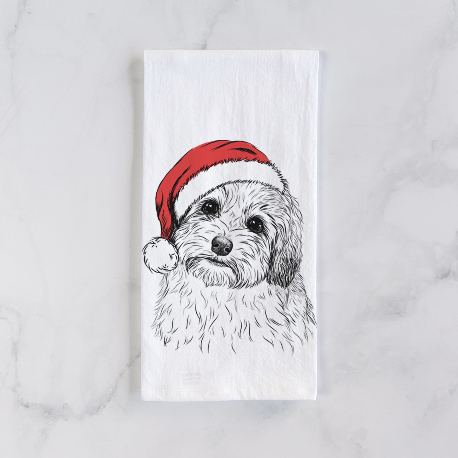 Hand-drawn sketch of Henry the Havanese wearing a Santa hat on a tea towel