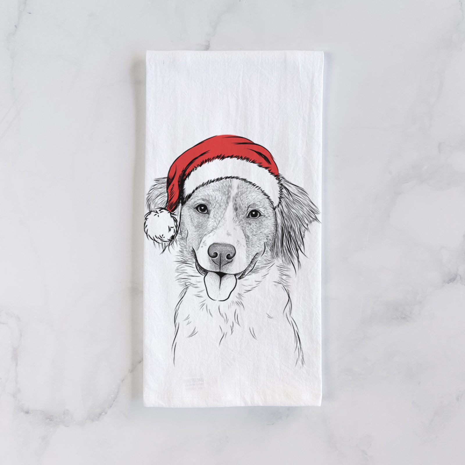 Hand-drawn sketch of Hercules the Nederlandse Kooikerhondje wearing a Santa hat on a tea towel